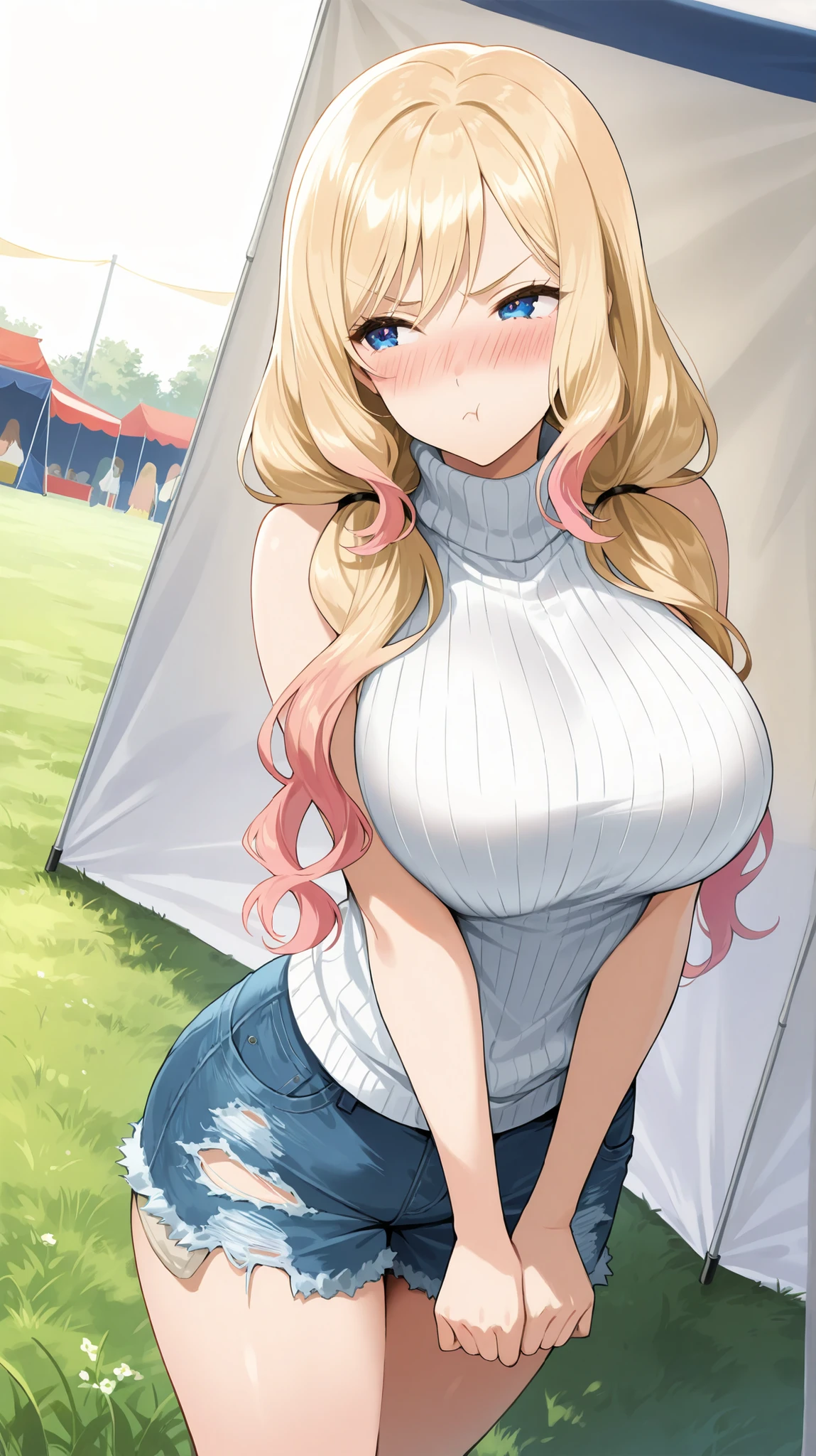 ((Studio: CloverWorks)) masterpiece , best quality , highly detailed , ultra high res , Score_9, Score_8_up, Score_7_up, perfect anatomy, detailed fingers, detailed big blue eyes, cowboy shot, dutch angle, focus on face, masterpiece, detailed anime, Sharp Focus, lady, JK, detailed face, detailed blue eyes, long hair, light blonde hair, big pigtails, mature woman, pink highlights, wavy hair, cheerful, smiling, very happy, joy in your eyes, knee, big breasts, solo (white sleeveless sweater, ripped denim shorts, embarrassed, angry, pouting, school festival, grass, tents)