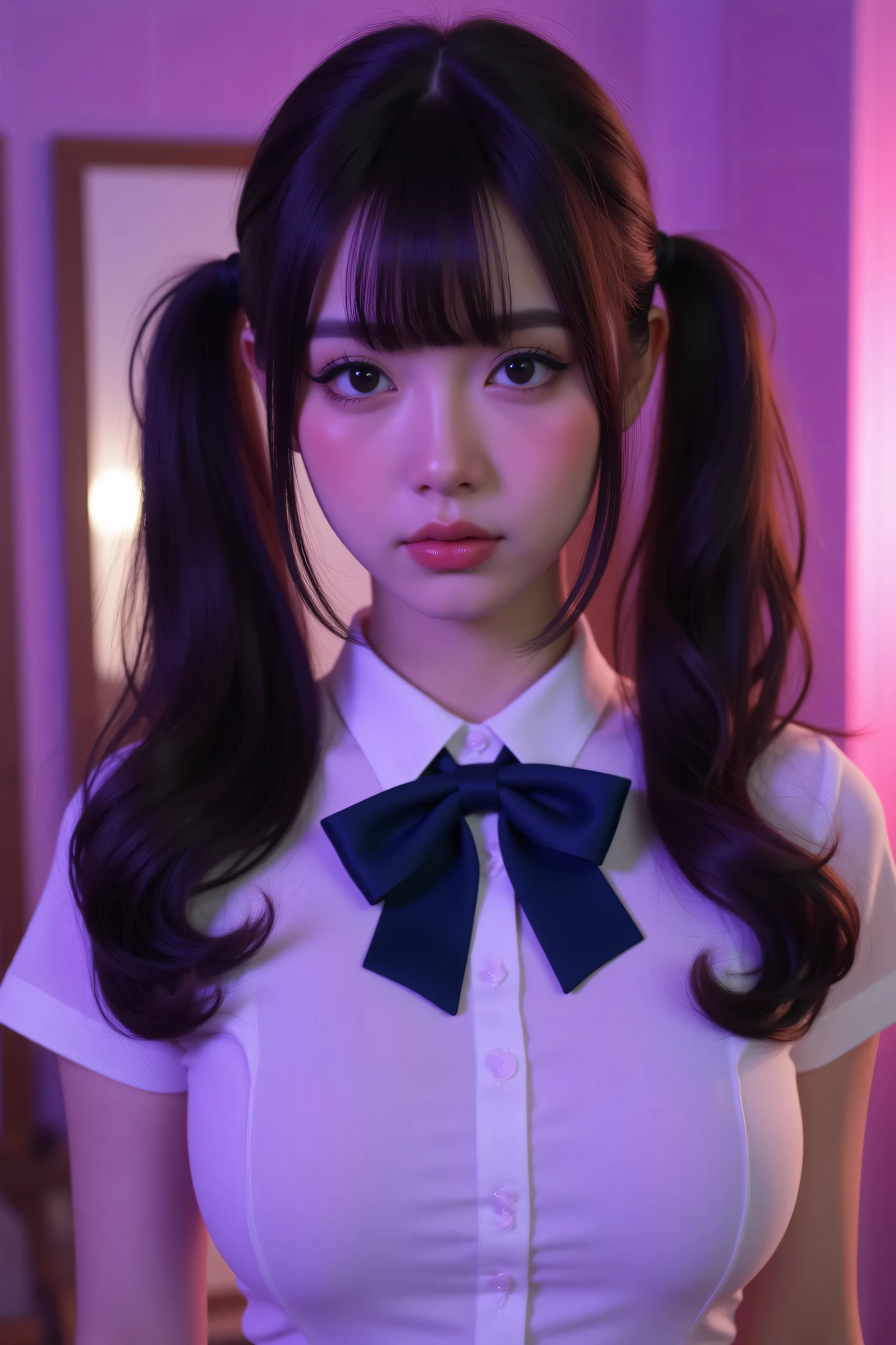 ( best masterpiece、 top quality、 winning works )、(1 high school girl:1.1)、(Long twin tail hair in a low position:1.8)、(Perfect wavy twin tail:1.5)、(perfect thick wavy twin tails:1.3)、(big breasts:1.2)、(accentuates body line:1.2)、(polyester white collared shirt :1.5)、(A large navy butterfly bow perfect for the neck:1.3)、(face close-up:1.3)、perfect portrait photo 、 Bright, beautiful skin from above 、standing gracefully、( purple and pink obscene luxury bedroom background :1.3)、( purple and pink moody lamp lighting :1.3)、(tyndall effect:1.2)、(very moody and romantic:1.2)、big boobs、very white skin、tyndall effect、makeup、perfect and beautiful face in light fog、clearly depicts beautiful facial details、(Looking up at me :1.5)、(Looking up with a sad expression:1.5)