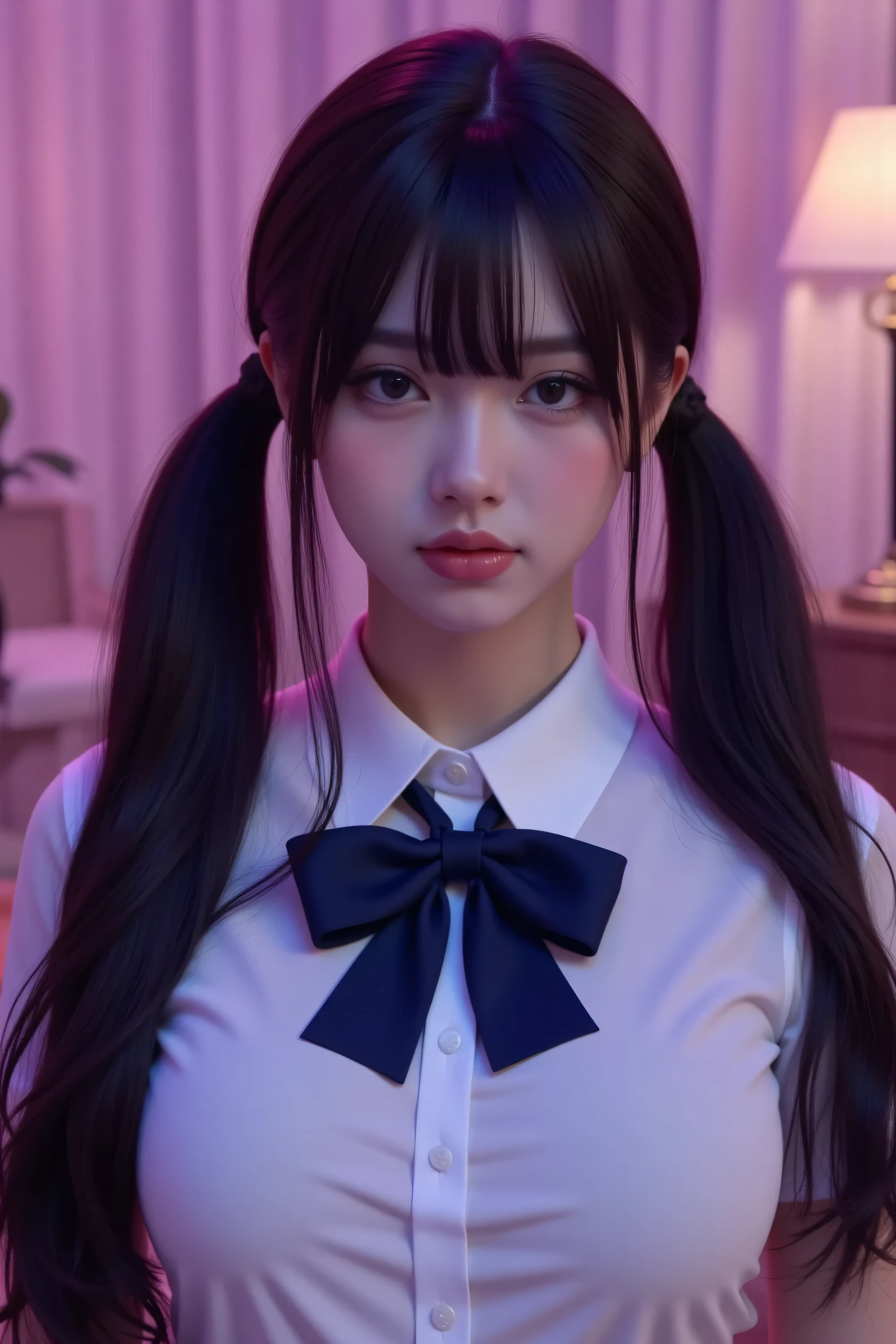 ( best masterpiece、 top quality、 winning works )、(1 high school girl:1.1)、(Long twin tail hair in a low position:1.8)、(Perfect wavy twin tail:1.5)、(perfect thick wavy twin tails:1.3)、(big breasts:1.2)、(accentuates body line:1.2)、(polyester white collared shirt :1.5)、(A large navy butterfly bow perfect for the neck:1.3)、(face close-up:1.3)、perfect portrait photo 、 Bright, beautiful skin from above 、standing gracefully、( purple and pink obscene luxury bedroom background :1.3)、( purple and pink moody lamp lighting :1.3)、(tyndall effect:1.2)、(very moody and romantic:1.2)、big boobs、very white skin、tyndall effect、makeup、perfect and beautiful face in light fog、clearly depicts beautiful facial details、(Looking up at me :1.5)、(Looking up with a sad expression:1.5)