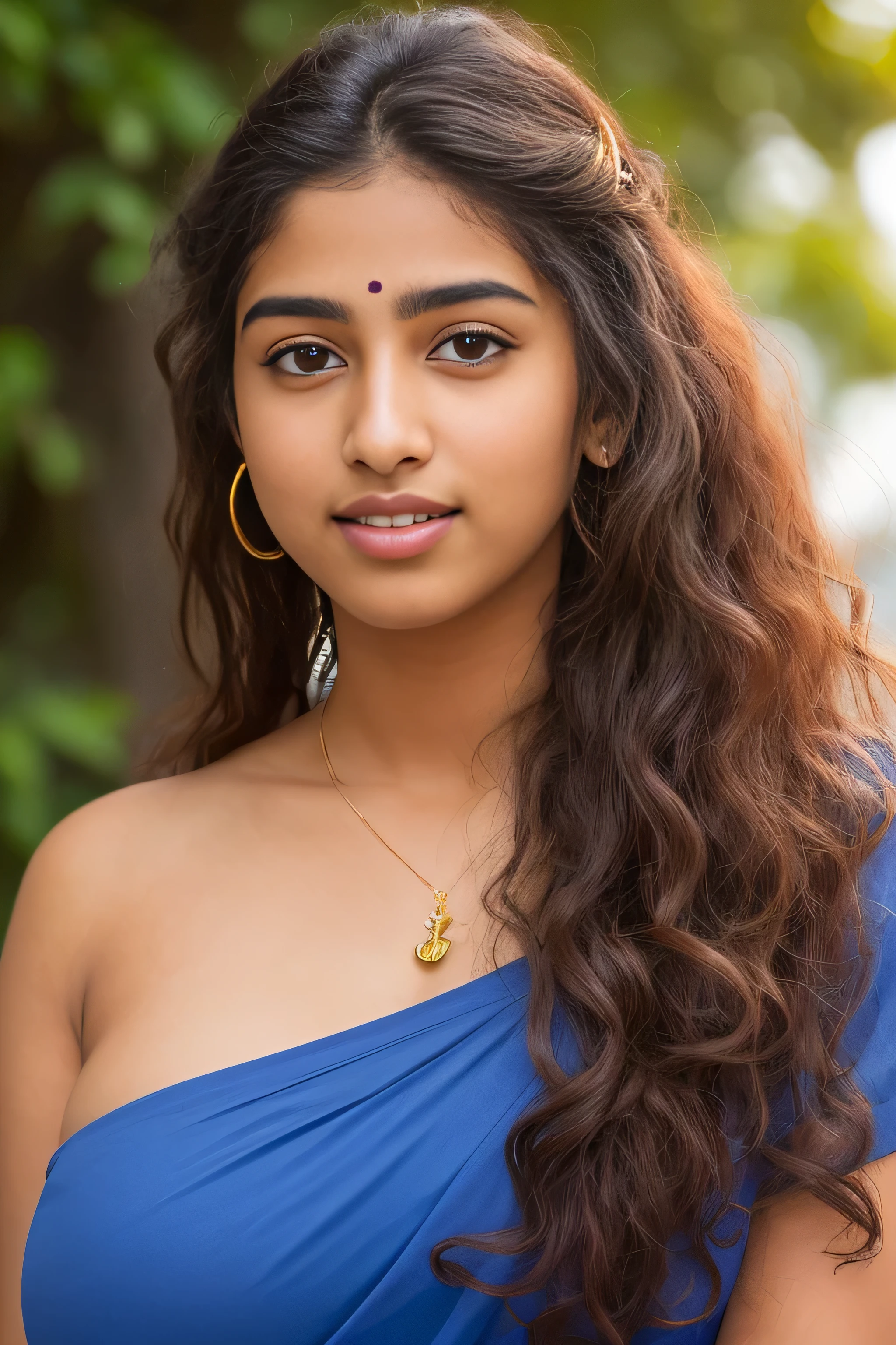 Outdoor image of 21yo  in school school photo in school masterpiece, (photorealistic:1.7), best quality, Eleanor Latino Woman 20 years Old ,  hair Bun, long-haired extreme , disheveld hair curly hair  ,wearing Indian  Tamil chudidar. Round face, closeup view , big round breast , Tamil girl ,real face , brown colour skin, seductive 