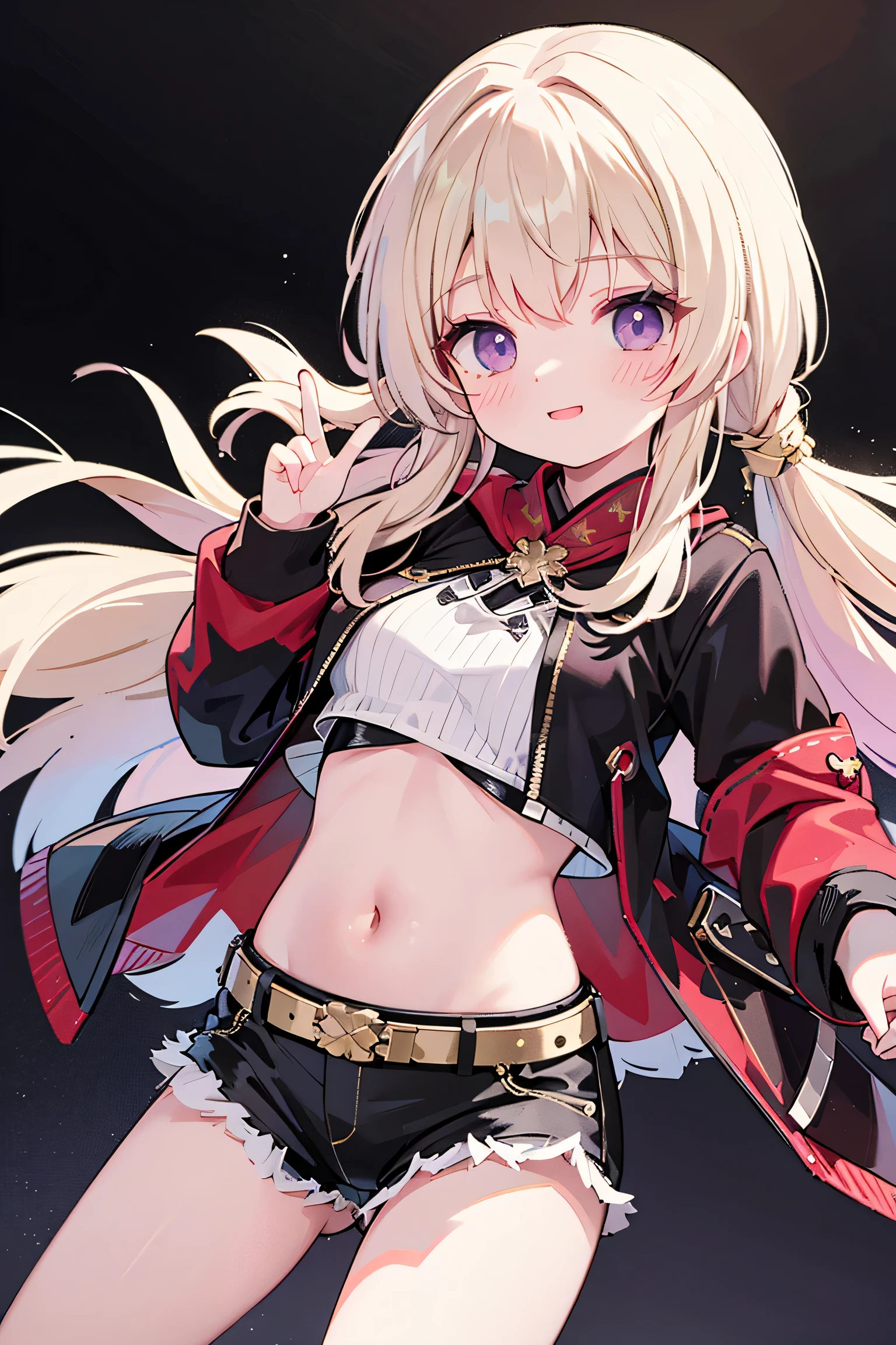 best quality ，Ultradetailliert ， nice face ， Meisterwerk、 Meisterwerk, erstklassig, 
Meisterwerk, best quality, amazing quality, (genauer Stil), (detailed face), Genaues Gesicht, Treffende Augen, genaue Farben, detaillierte Augen, Rumi kpop, only 1 very long purple braided braid,Pony, braune Augen,  1 girl, Allein, 3d, Gelbe Jacke, Cropped Jacke, schwarze Shorts, Bauch, red belt, white crop top, Stiefel, has golf clubs in the right hand,spielt Golf, very dynamic pose, very dramatic perspective, Cowboy-Schuss, Hellblaues Crop-Top, on stage,View viewers directly, very sweet smiling,looks directly at the viewer, happy smile, Elegant,  very thin legs, dark background narrow  , schmale Beine, , extremely detailed,  best quality ，Ultradetailliert ， nice face、 Meisterwerk, erstklassig, 1 girl in, best quality , 1 girl dunkler Hintergrund