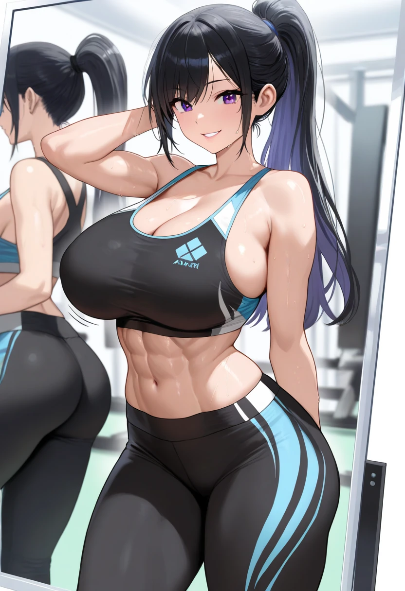 ASAGI,pantalones cortos deportivos,sujetador deportivo transparente,escote,Polainas negras,Cabello largo, Cola de caballo,cabello azul, pelo entre los ojos, bloqueos laterales, purple eyes,  Mirando al espectador,  en el gimnasio, Gimnasio montado en segundo plano , Gimnasio costoso,Cameltoe,(Sudando:1.1),musculatura,(Abdominales tonificados),(Altas Resoluciones, alta calidad:1.1), Detalles intrincados, cinematic lighting, 1girl,dynamic  pose, ingle,They are smiling,desde abajo, , wet body, lips,