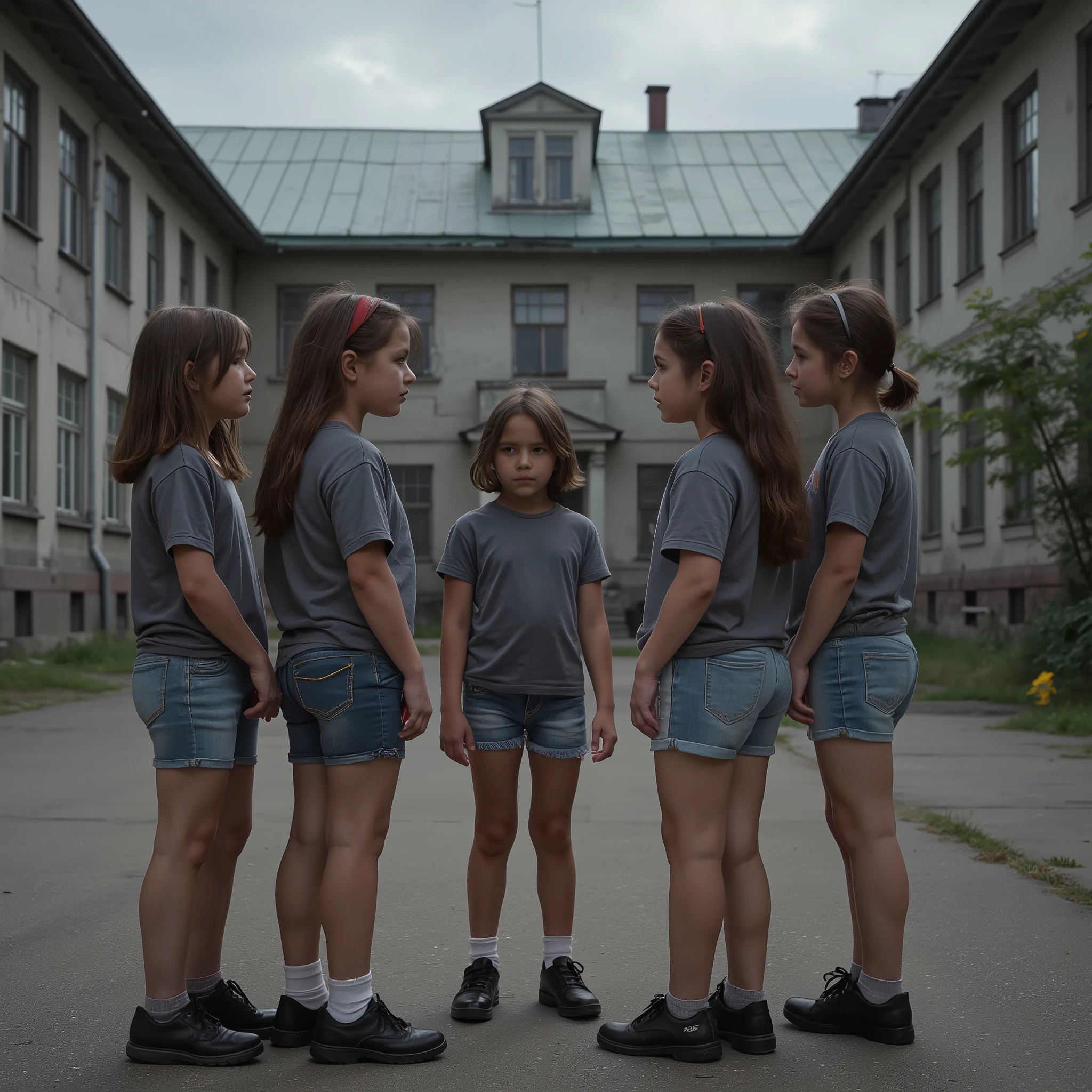 Prompts
Ultra-realistic photograph. Five serious 8-year-old girls standing together and talking in the courtyard of an old, abandoned school building. They wear gray t-shirts, short denim shorts, and black shoes. Their expressions are neutral and natural. The courtyard is empty and the aged gray school building is the only structure visible. No trees. Overcast weather, dark sky, no sunlight. Dramatic, cinematic mood. Sharp details, natural skin textures, realistic lighting, real-world lens, no cartoon style, no illustration, no drawing, no CGI.
Tipo de criação
Txt2Img
Tempo de criação