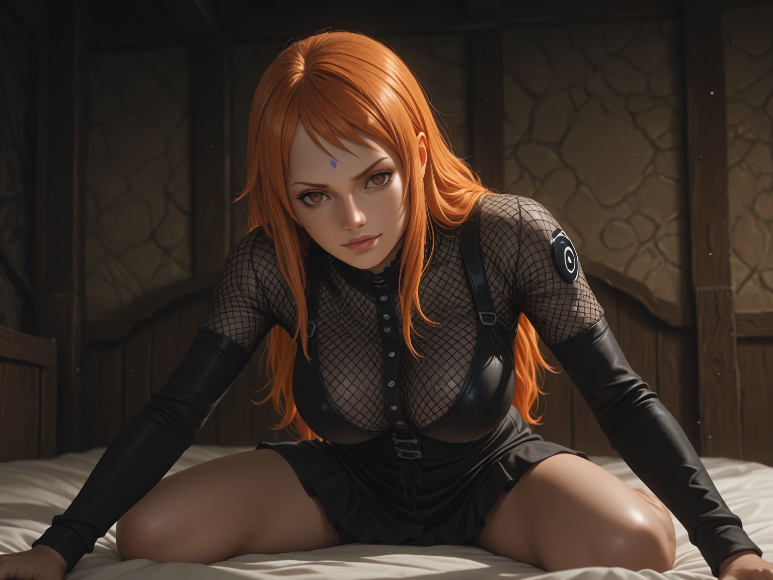 Ultra realistic, 16k, best quality, high resolution,  hot,  dream atmosphere, 1 girl, 18 years old, long messy red hair, messy bangs on the forehead,  eyes look, pale white skin, sweaty skin, earrings,  fit body, big natural , open arms, perfect hands,  hot big , slim tall hot body, , sensual posture, , , wide , thick legs, torn clothes, blurred background, depth, dream aesthetic, dream atmosphere, cinematic lighting, 16k, real life, shining lights, brighting lights, different  positions at different angles. 