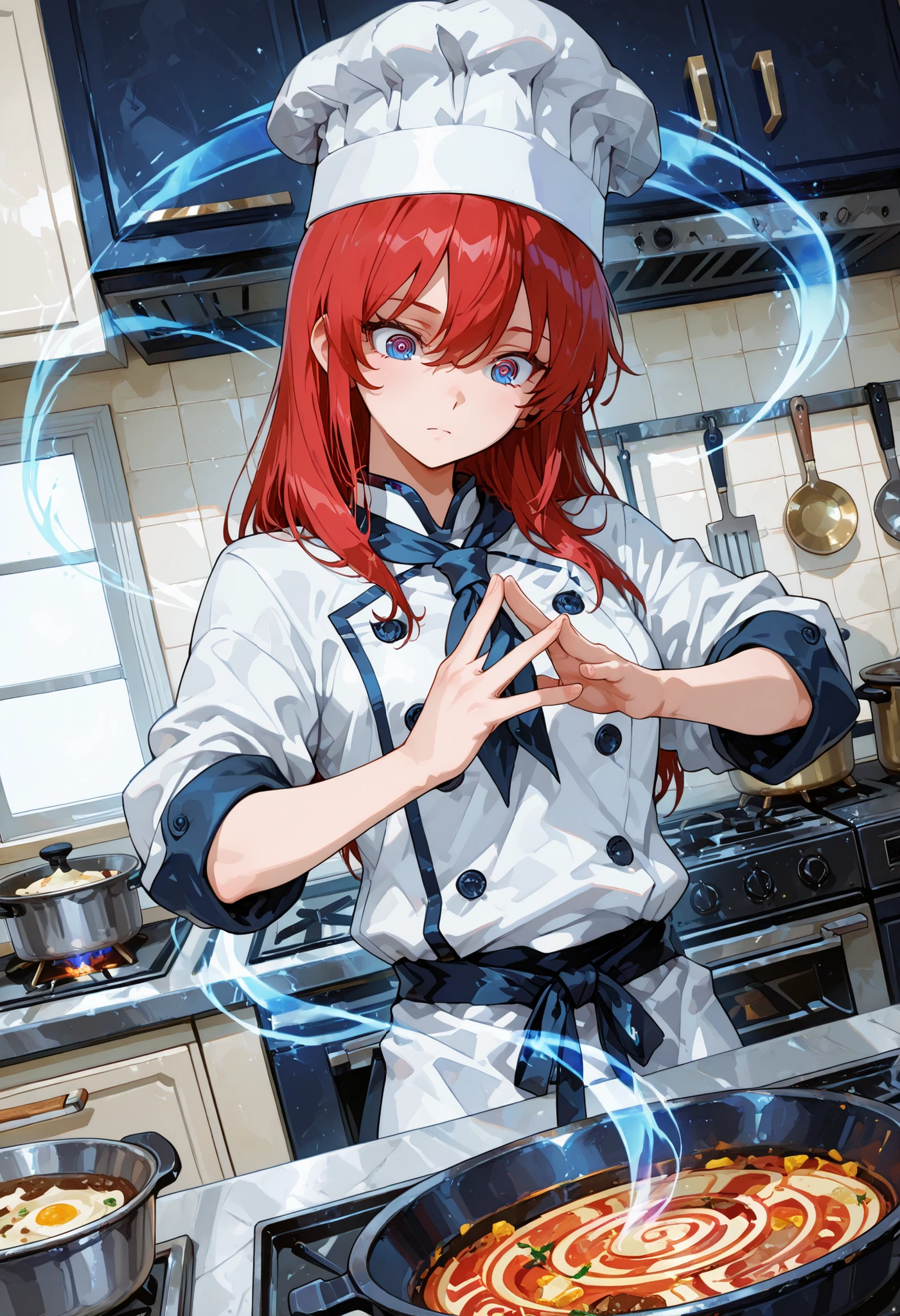 dutch angle, spiral, spiral streak, spiral energie, spiral magic, spiral around body,((perfect hands with five fingers for hand)),,Kitchen God of cooking, 748cmstyle,perfect anatomy, masterpiece, Illustration, ultra details, fine trait, best quality, ultra detailed, 1girl (chef-girl), chef-clothes, cooking-hat, dynamic cooking delicious food, in the kitchen, , very short red hair, , , nice anime blue eyes, dynamic pose, indoor delailed kitchen with pans and pots and various food.