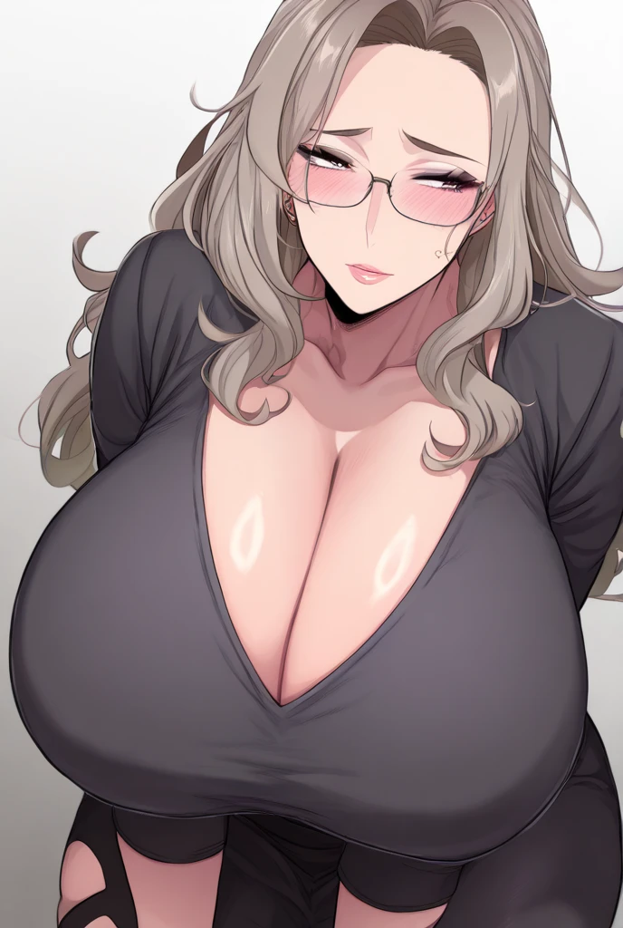 Black camisole、Huge breasts、Upper Body、blush、Cleavage、Huge penis、Staring at the penis、Sweat、Surprised eyes、Gray Hair、short hair、Wavy Hair、Glasses、grandmother、65-year-old woman
