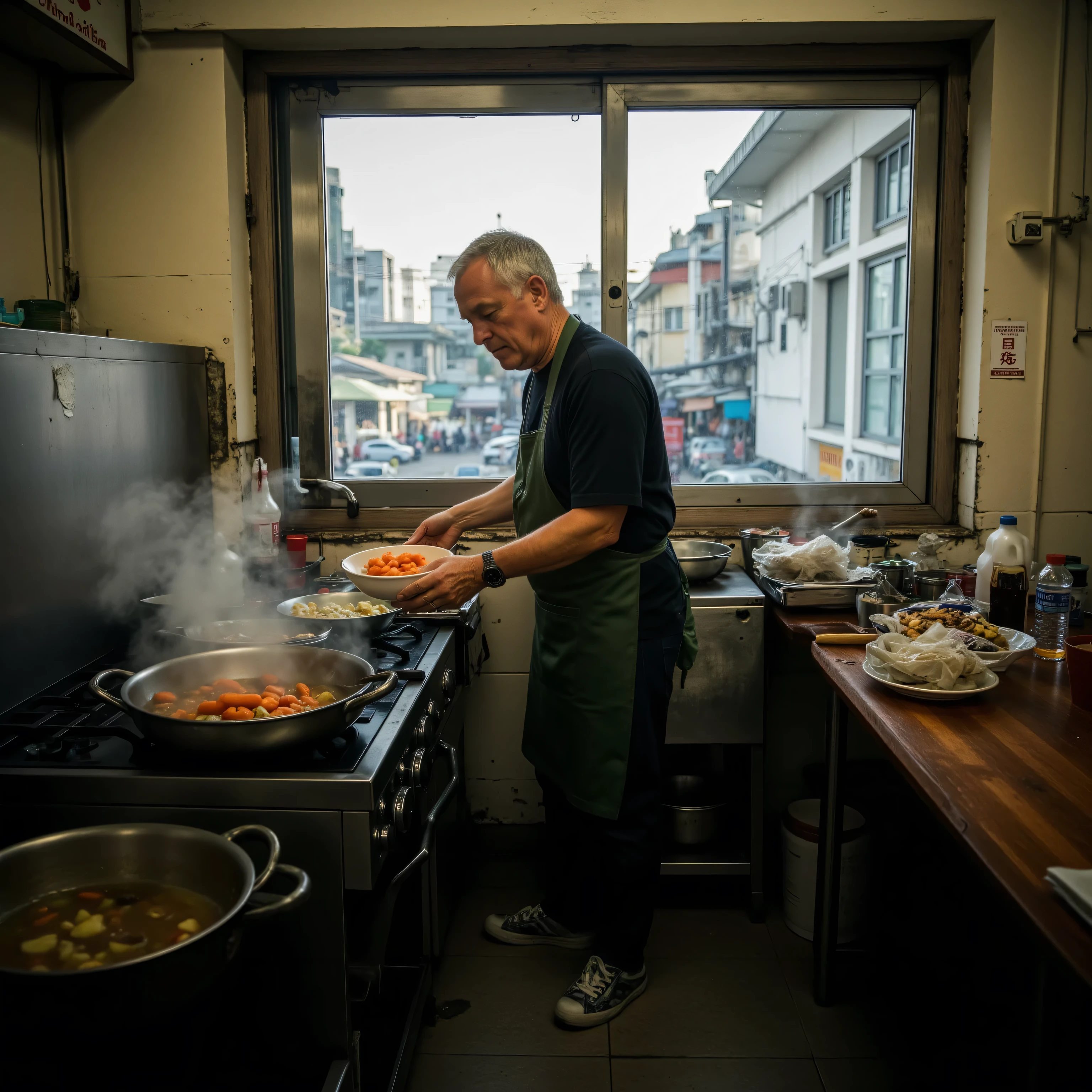a 58 year old man in a kitchen with a window looking out to yaowarat_scene, the man wears a fc_oliverleatherdress green leather apron, the man wears a black chefs shirt, the man wears dark navy blue chef pants, the man wears white and black sneakers, the kitchen is steamy, the man holds a bowl filled with cut carrots in his right hand over a steaming pot of stew, wide angle portrait taken inside of a restaurant