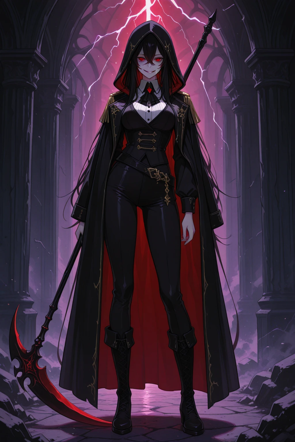 Dark elf, red eyes, lo gothic, linda, cabelo preto e liso, roupa negra, espartilho, bota de couro, 8k,