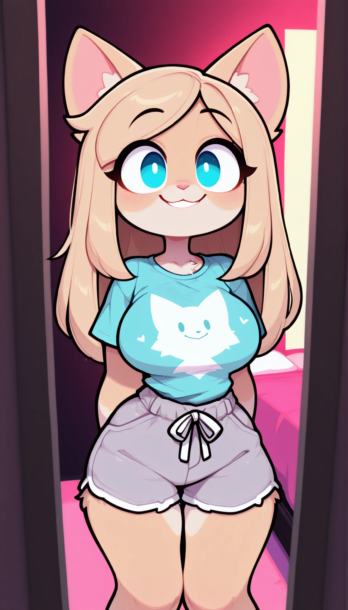 blonde hair,Straight hair,Long hair,blue eyes ,Female cat,furry cat,big  ,Up close ,selfie ,In the room,(Vivid colors  ,4k,UHD,Good light,Good lighting,Good shadows )  ,1woman,Single woman,lonely woman ,alone woman,Hands on  ,Blonde fur ,Happy,Cheerful,Smiling happily,On your knees,T-shirt,Shorts 