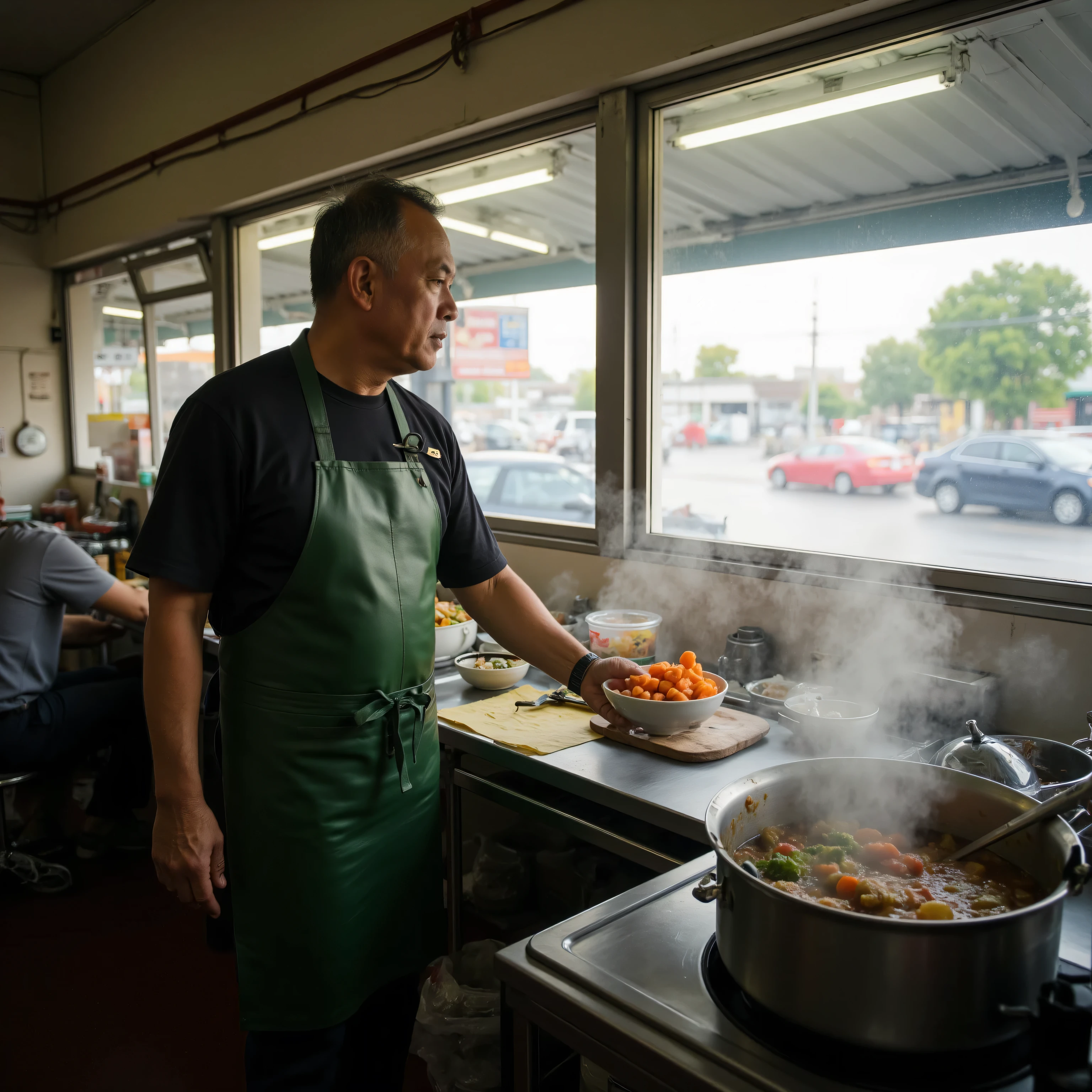 a 58 year old man in a kitchen with a window looking out to yaowarat_scene, the man wears a fc_oliverleatherdress green leather apron, the man wears a black chefs shirt, the man wears dark navy blue chef pants, the man wears white and black sneakers, the kitchen is steamy, the man holds a bowl filled with cut carrots in his right hand over a steaming pot of stew, wide angle portrait taken inside of a restaurant