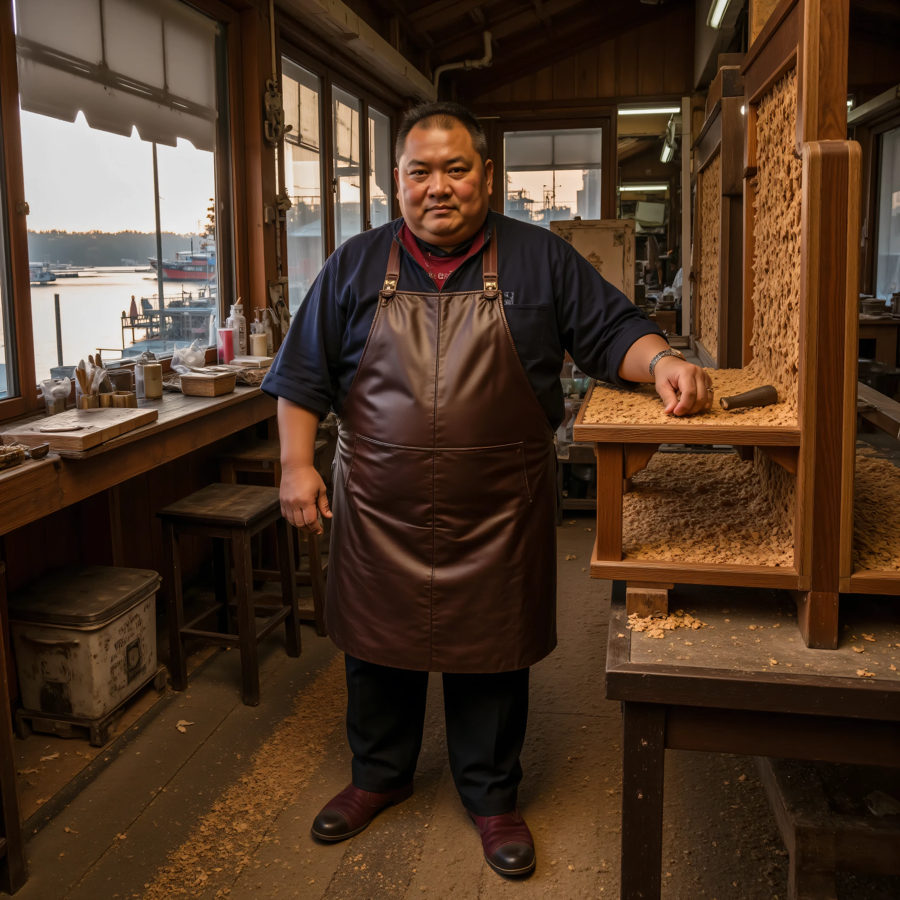 a 60 year old obese 300 pound japanese artisan in a traditional woodworking studio at sunset above the yaowarat_scene street market, wearing a polished leather dark indigo work apron over a navy blue shirt with a dark red leather neck and hip strap, carefully carving intricate patterns on a wooden furniture, surrounded by handmade tools and wood shavings, soft morning light filtering through paper windows, wearing dark bergundy samef2025khb suede boots, image at dusk, street market out the window, a lake and boat wharf in the distance