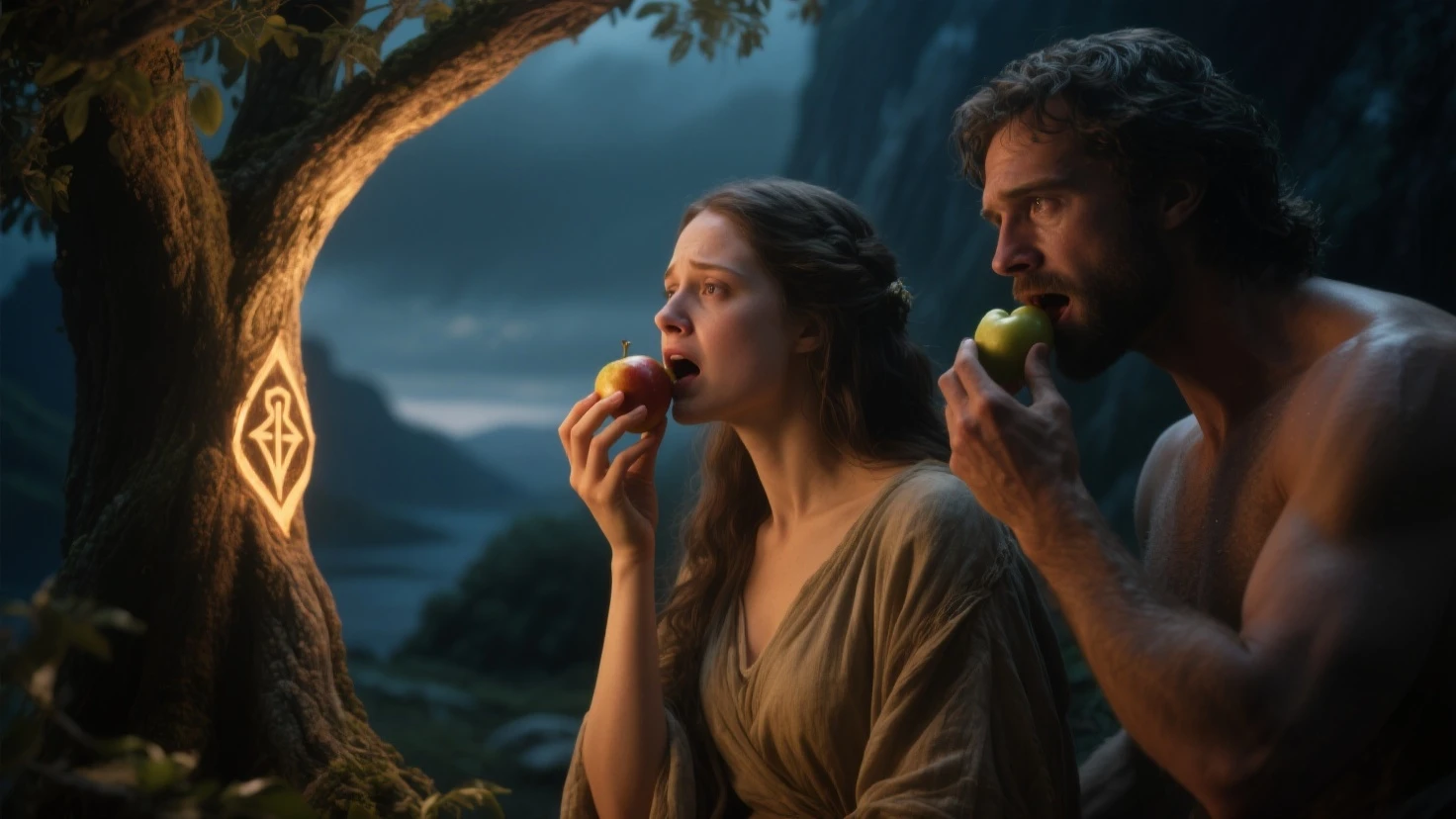 Adam and eve in the Garden of Eden dressed in animals cloths, standing under a big tall tree and eating the fruit.