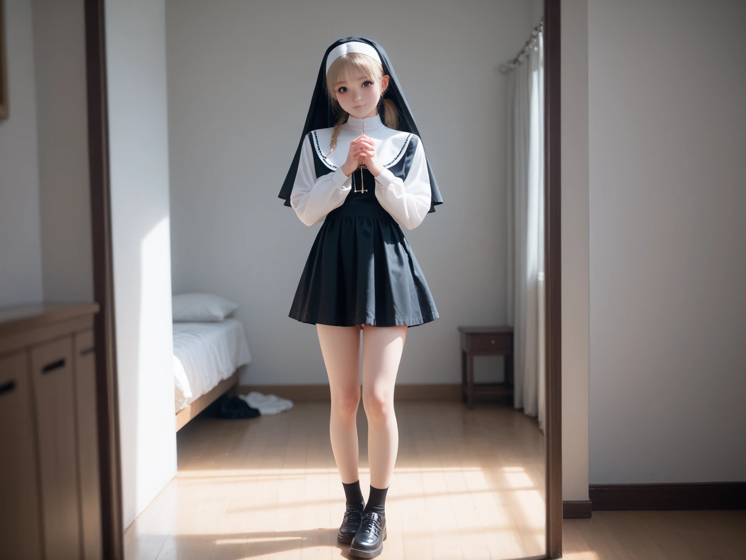 (best quality, 8k, highres, photorealistic:2.0), (solo, one girl:2.0),(lighting: front),(lighting: strong),(Russian Beauty:2.0),(very muscular girl:1.5),(bodybuilder girl:1.5),(shiny skin:1.5),(oily skin:1.5),(platinum blonde hair:1.5),(((medium skirt long sleeve nun wearing tight clothes:1.5))),(wearing white :1.3),Blush brown makeup , dark eye makeup , use pink glossy lipstick, wearing a cross necklace,((Lie on your back on a clean bed and lean on a large pillow.)),(:1.7),((She does a sexy pose to make it easier for viewers to )),(Smile at a viewer )