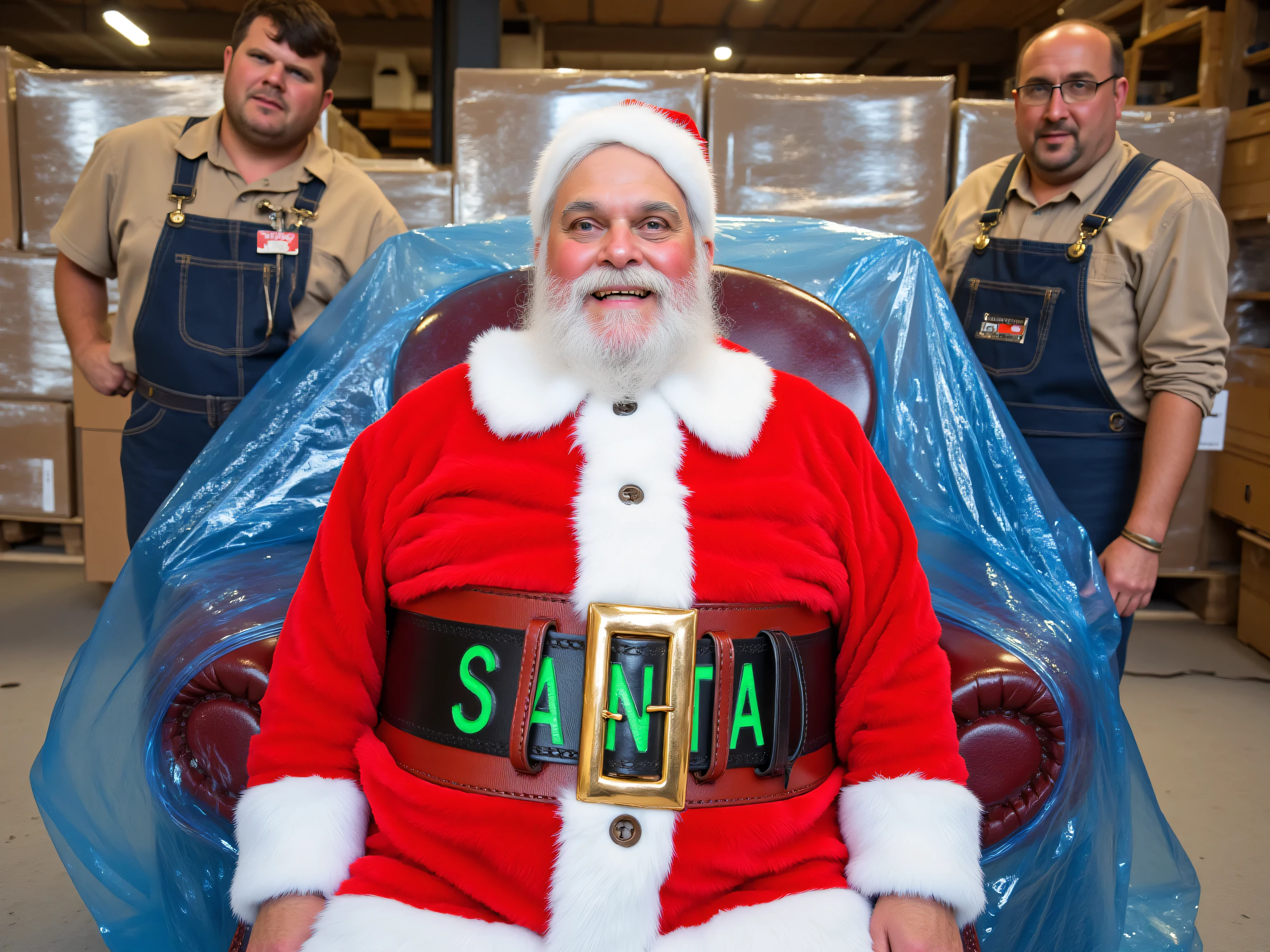 santa claus, 80 year old man, fat and obese, wrinkled skin, ugly face, smiling, wearing a red furry suit with white trim, wearing black leather pants, wearing black and red leather boots, wearing a heavy shiny polished red leather belt with large green leather stenciled letters across the front "SANTA" wearing a red furry hat, sitting on a chair in a warehouse full of boxes, the chair is inside of a large crate, santa claus and chair are covered in 80% translucent blue plastic, there are men in denim work overalls near the crate