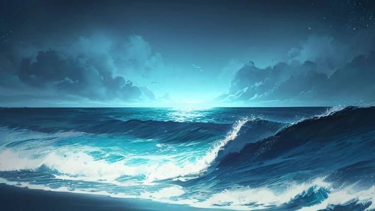 heavy rain pouring down、As the tsunami approaches the ocean、The beautiful sea sparkled with water splashes and drops.。That majestic sea shines brightly、Its beauty made it a beautiful sight.。