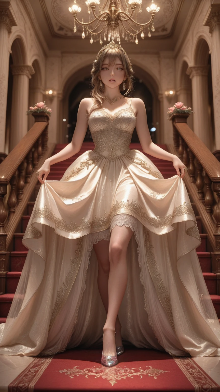 Models, professional, ultra detailed, realist, modern style, ((long evening dress ,Fashion is elegant.:1.5)), ((full body shot: 1.5)), ((plano general: 1.5)), elegant, modeling clothes, beautiful white lace dress:1.4, accessories, beautiful young elegant pose as a model, modern and beautiful hair, for the chestnut, striking, bold background, studio lighting, dynamic pose and stylish colorful clothing, yellow orange, green, cian, (photo and gross, Best Quality, Masterpiece, Fotorrealist, Of the highest quality, Maximum image quality, high resolution, 8k, High Definition:1.2), Vibrant, ethereal lighting, sharp focus, ultra detailed,((Extremely detailed 8k unified CG wallpaper)), texturas surrealists y oníricas, magical and mysterious essence,