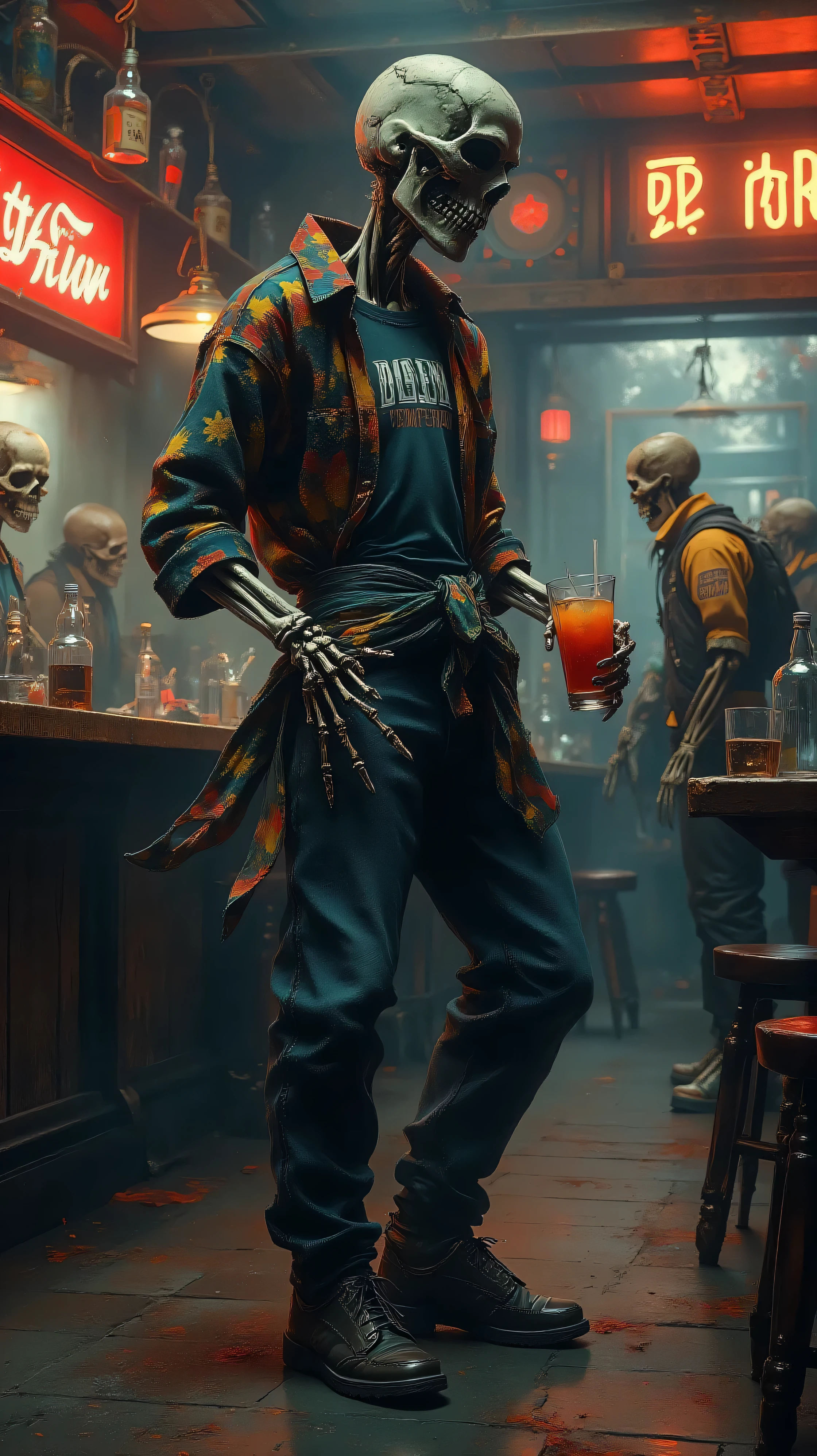 Of course! Aquí tienes un prompt detallado para generar una imagen hiperrealista con las características que mencionas:
prompt:
"Hyper-realistic digital artwork, ultra-high resolution, 8K, cinematic lighting. A skeleton dressed in 90s fashion—baggy jeans, a colorful flannel shirt tied around its waist, and a band t-shirt—dancing with its back turned to the bar, holding a cocktail glass in one hand and swaying its hips rhythmically. The scene is set in a dimly lit 90s-style bar with neon signs, retro decor, and a jukebox playing in the background. Other skeletons are scattered around the venue, some wearing era-appropriate outfits like tracksuits, oversized sunglasses, or denim jackets. A few are observing the dancing skeleton from tables or the bar counter. Highly detailed textures, realistic bone structure, atmospheric shadows, and vibrant yet moody colors. sharp focus, no blur, professional photorealism