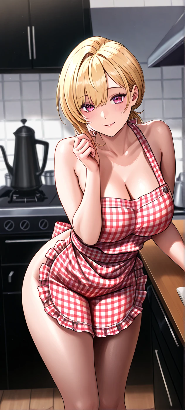 Anime girl with ???????????, yellow hair tied on both sides, curls that touch her shoulders and is wearing a white dress on top and red on the bottom, yellow eyes and is cooking soup, she is somewhat small with a big ???? and ??????????? 