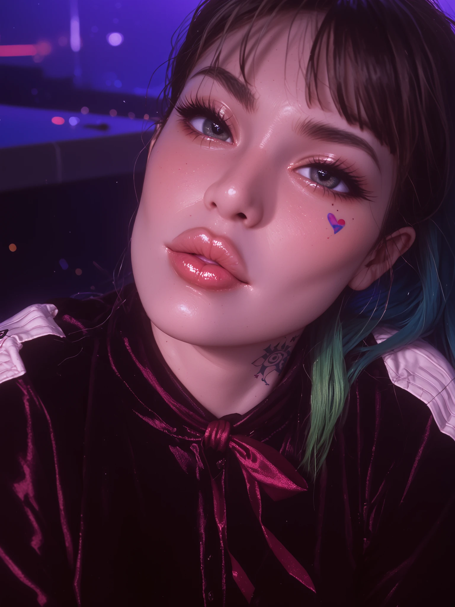 An artistic depiction of a girl with big lips and big eyes, bigger eyes, bigger lips, plump lips, long eyelashes, adorned with face tattoos, (urban face tattoos) The style is a blend of surrealism and pop art, with DARK colors and VERY exaggerated features. Her expression is a mix of seduction and mischievous, set against a dynamic abstract background. The artwork is inspired by artists like Takashi Murakami and Roy Lichtenstein, rendered in high detail with bold outlines and vivid contrasts a close-up portrait of a sexy woman, Award Winning, Best Quality, Textured Skin, Super Detailed, comic book, cartoon