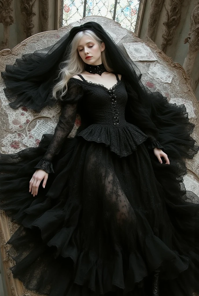 A woman in a black dress and veil sitting next to candles - SeaArt AI