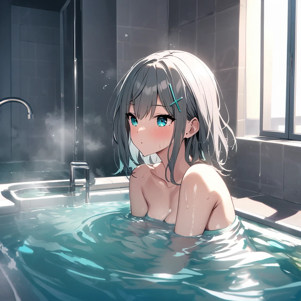 Slime girl, pink skin, transparent, lies in the bathtub at full length, full body camera angle from above, school swimsuit , two short ponytails on the sides of the head