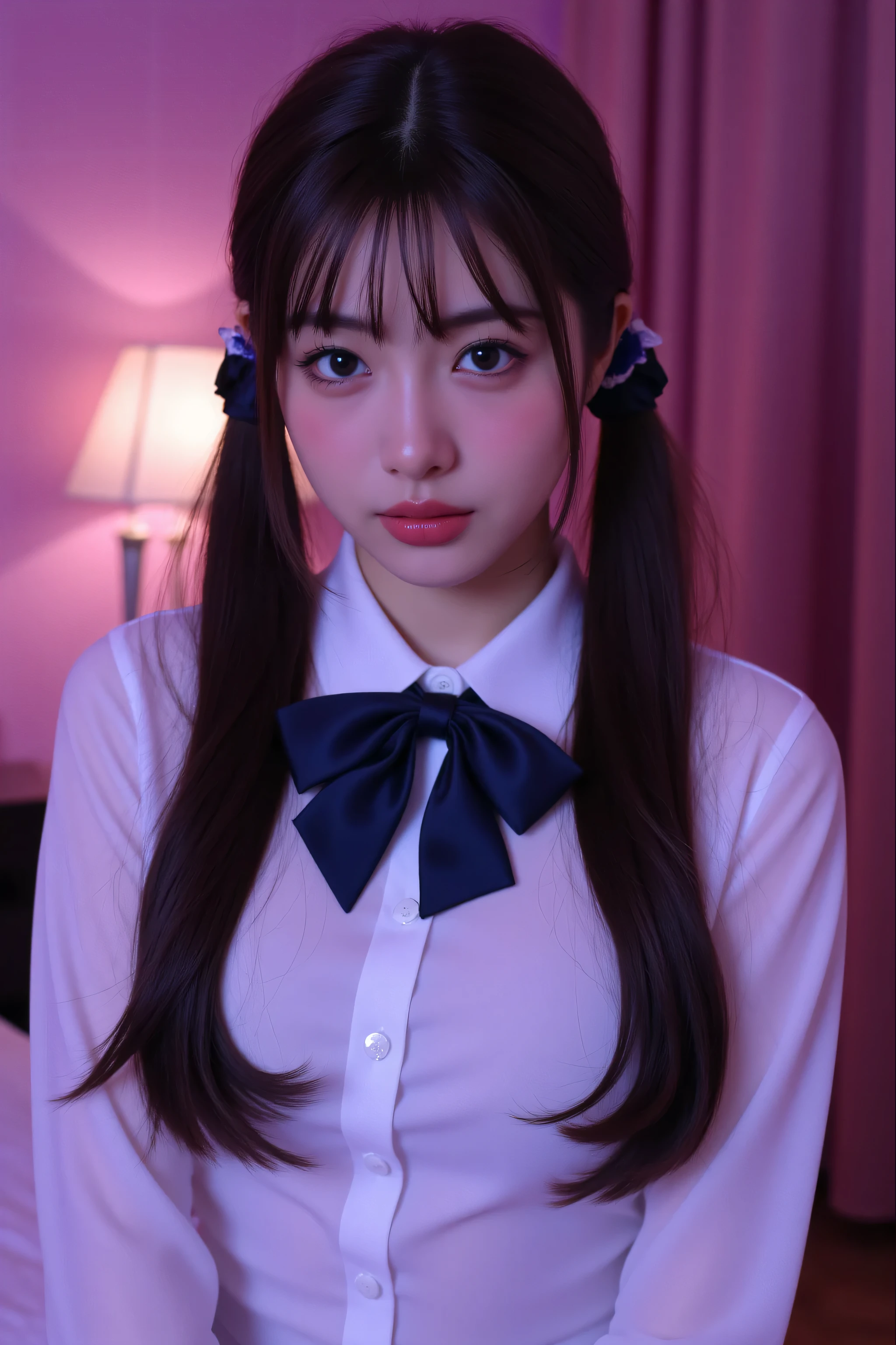 ( best masterpiece、 top quality、 winning works )、(1 high school girl:1.1)、(Long twin tail hair in a low position:1.8)、(Perfect wavy twin tail:1.5)、(perfect thick wavy twin tails:1.3)、(big breasts:1.2)、(accentuates body line:1.2)、(polyester white collared shirt :1.5)、(A large navy butterfly bow perfect for the neck:1.3)、(face close-up:1.3)、perfect portrait photo 、 Bright, beautiful skin from above 、standing gracefully、( purple and pink obscene luxury bedroom background :1.3)、( purple and pink moody lamp lighting :1.3)、(tyndall effect:1.2)、(very moody and romantic:1.2)、big boobs、very white skin、tyndall effect、makeup、perfect and beautiful face in light fog、clearly depicts beautiful facial details、(Looking up at me :1.5)、(Looking up with a sad expression:1.5)