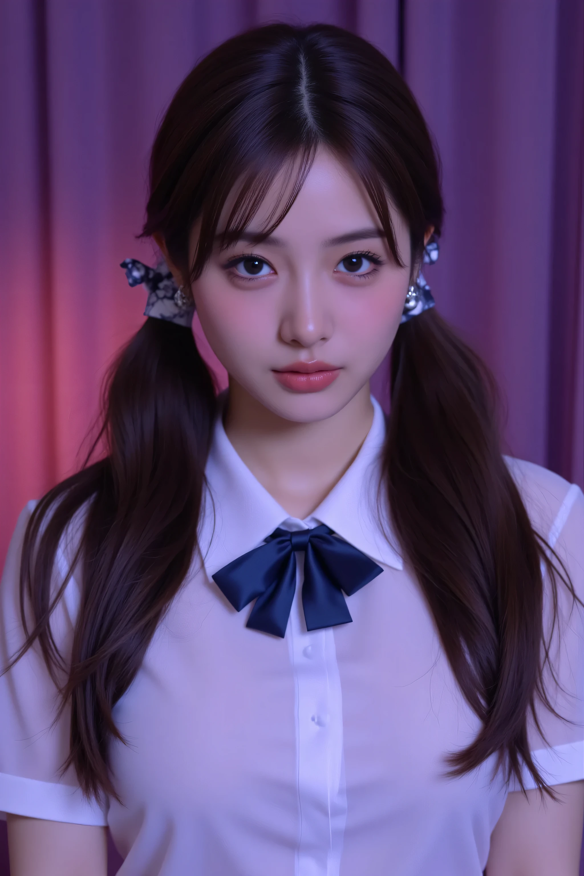( best masterpiece、 top quality、 winning works )、(1 high school girl:1.1)、(Long twin tail hair in a low position:1.8)、(Perfect wavy twin tail:1.5)、(perfect thick wavy twin tails:1.3)、(big breasts:1.2)、(accentuates body line:1.2)、(polyester white collared shirt :1.5)、(A large navy butterfly bow perfect for the neck:1.3)、(face close-up:1.3)、perfect portrait photo 、 Bright, beautiful skin from above 、standing gracefully、( purple and pink obscene luxury bedroom background :1.3)、( purple and pink moody lamp lighting :1.3)、(tyndall effect:1.2)、(very moody and romantic:1.2)、big boobs、very white skin、tyndall effect、makeup、perfect and beautiful face in light fog、clearly depicts beautiful facial details、(Looking up at me :1.5)、(Looking up with a sad expression:1.5)