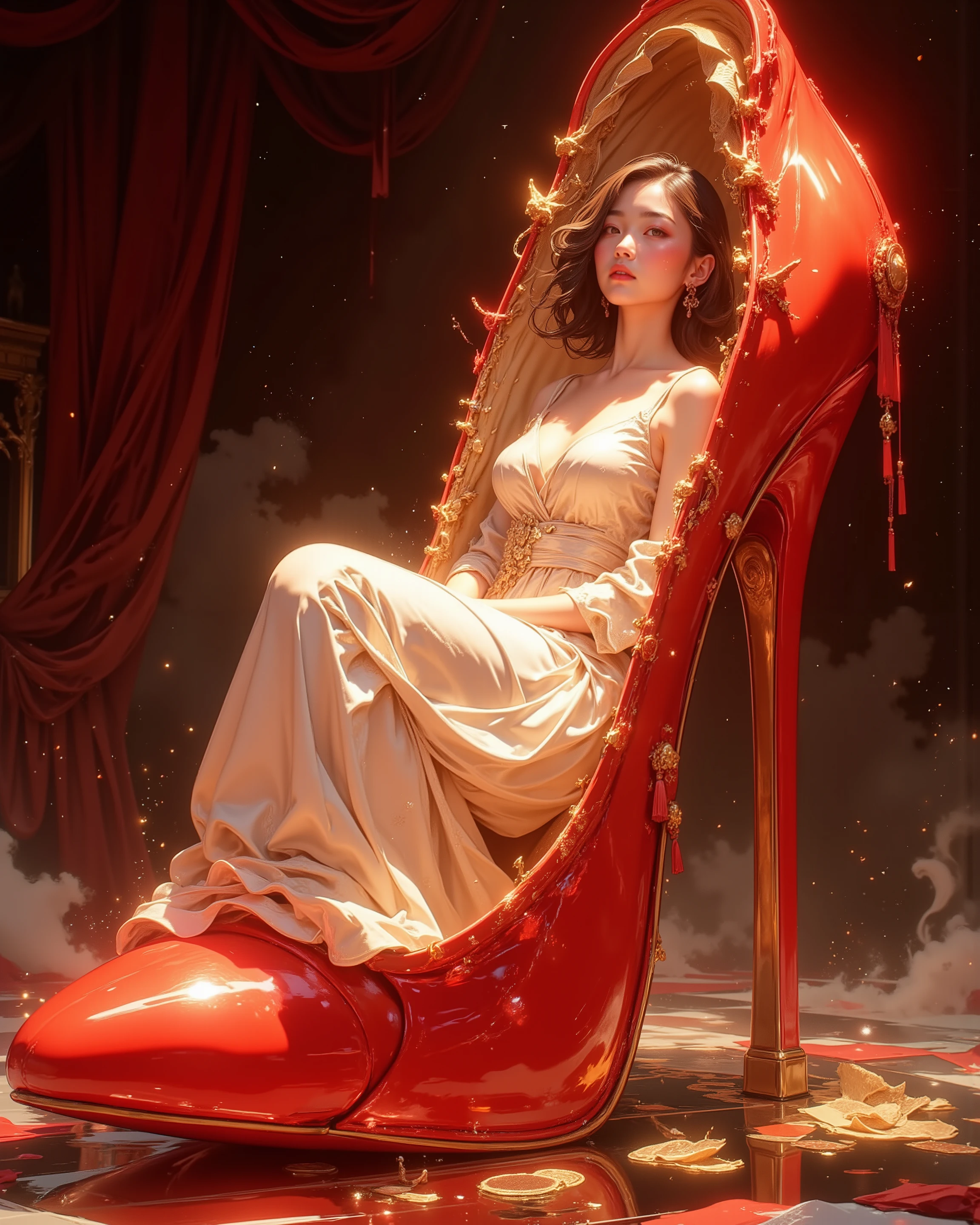 Colossal red stiletto heel as monumental centerpiece; an adult woman gracefully inside the shoe cavity, perfectly aligned so her body does not intersect or penetrate the shoe structure. Theme: ultimate feminine beauty. Skin luminous, flawless, soft glow with subtle micro-texture detail (delicate pores, gentle peach fuzz), natural subsurface scattering. Anatomically correct proportions, harmonious limbs, elegant posture. Supremely beautiful face with joyful yet bashful expression: shy blush, sparkling eyes, lips softly parted. She gazes naturally and directly toward the viewer, engaging with subtle allure. Ultra-alluring yet tasteful mood, never explicit. Flowing silk dress in pearly ivory, draped naturally, emphasizing silhouette while covering modestly; realistic fabric folds and highlights.
Composition guided by golden ratio: primary focal point on her face and shoulders, secondary on the gleaming rim of the red heel. Pose: reclining within the hollow, one leg bent naturally with pointed toes, torso curved in elegant S-line; fingers lightly touching the rim with delicate tension. Scale cues: monumental shoe proportions, glossy red lacquer reflections, shadow gradients across vast surfaces.
Lighting: cinematic golden-hour key with soft rim light; gentle bounce from polished red lacquer; subtle volumetric haze for dreamlike atmosphere. Skin rendered with high micro-contrast, controlled speculars, velvety shadows. Color palette: crimson red, champagne gold, blush pink, ivory, deep noir accents. Background: velvet texture, creamy bokeh, faint mist for depth.
Camera: 50mm prime, low-angle perspective for grandeur, shallow depth of field at f/2.0; subject crisp, background softly defocused. Rendering: hyper-real yet poetic, luxurious and whimsical; ultra-detailed, clean gradients, refined highlights. Emphasize elegance, grace, enchanting allure; celebrate beauty through light, texture, and monumental scale.
