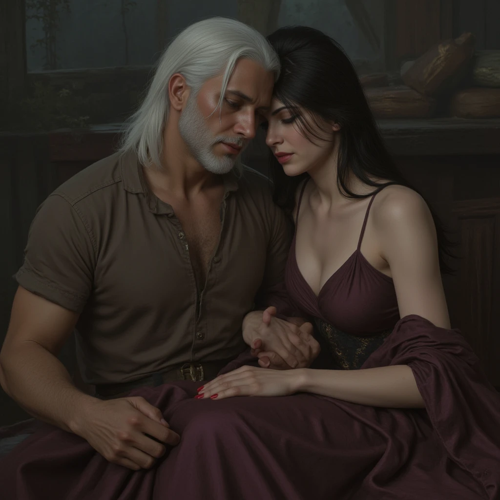 couple, beautiful yennefer of vengerberg with purple eyes, handsome geralt of rivia with cat eyes, yennefer wearing a sexy black dress, geralt in sexy suit, ultrasharp, looking at the viewer, ((best quality)), ((masterpiece)), (detailed), perfect face, big breast, sexy body, sexy man besides her, hugged, an scene of a man and woman hugging and kissing intensely, (masterpiece), (best quality), (ultra detailed), (illustration), standing, Fashion model, looking at viewer, (interview), (simple background), detailed eyes, beautiful face,(shining), focus on face, best lighting, best shadow, add detail,