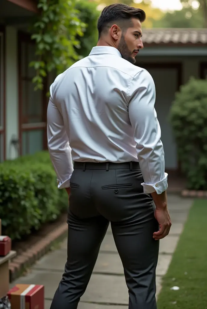 Rogelio Martínez, hombre barbudo y musculoso, muy guapo y varonil, intrincado, elegant, Sharp focus, foto de greg rutkowski, Soft lighting, Colores vibrantes, Obra maestra, ((calles)), cuerpo completo, gray formal pants, fajado, brown belt, backside 