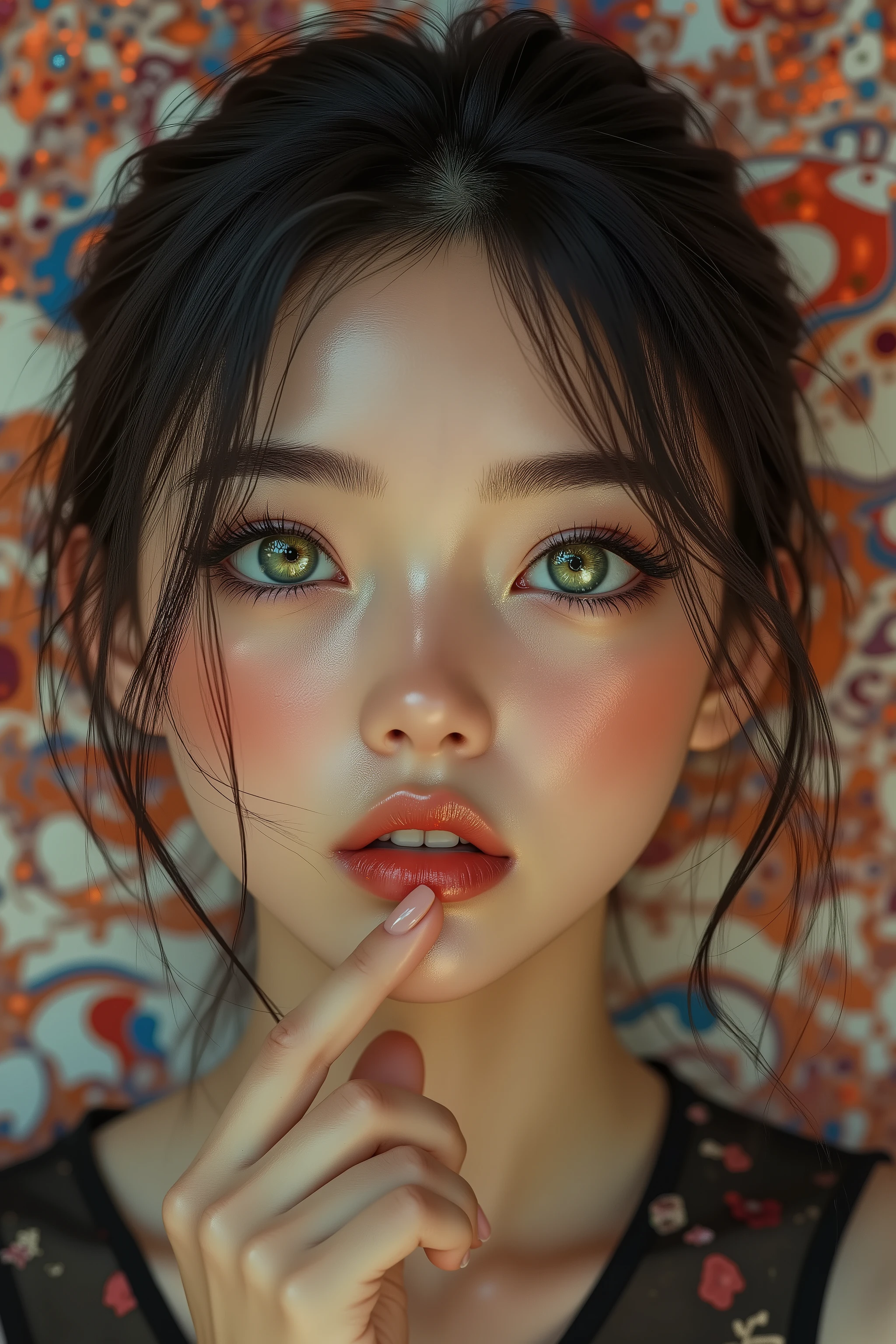 realistic (photorealistic Realism) , (Key Directive: - "The priority is the anatomical accuracy and texture of the materials" - "Ultra-sharp human eyes with biological accuracy") (ultra realistic texture details: velvety skin, hair), (dark hair (short hair:1.21)((slicked to one side)), intricately detailed:1.3),  long Lashes: individual synthetic fibers (crosshatched roots:1 . 2 , clump-free separation), (Carefully draw Long mascara:1.22) [perfect dark eyeshadow:1.2][glossy red lipstick:1.3], professional Magic Makeup on eyes:1.3, perfect composition. Eyes (acid-resistant terminology) (macro-details:1.5): * Moist corneal surface (visible aqueous layer:1.2) * Hyper-detailed iris eyes (green with orange sparkles) * Precise limbal ring (slightly darker pigmentation:1.3) * Pupil micro-texture (irregular edge authenticity:0.9) * Vasculature in sclera (subtle blue veins radiating from limbus) | Technical Specs: Optics: - Zeiss Otus85mm f/1 . 4 lens "(eye refraction calculations:1 . 22)" - Shutter Speed:1/500 "(freeze eye micro-movements)" - (Focus Stacking:"7-point coverage on iris plane") (Avoid: "pupil distortion , uncanny valley asymmetry , plastic-like wetness"). ((body shot to knees:1.4)), no blur sharp focus on all body, (flat chest, very small breasts), (skinny body build), (Sleeveless, beautiful ribbon PVC: 1.33), ((Slingshot swimsuit:1.3)), (wear Micro Sling made of (Sparkly neon), Tight PVC Ribbon: 1.25), {psychedelic background,voronoi backround}.