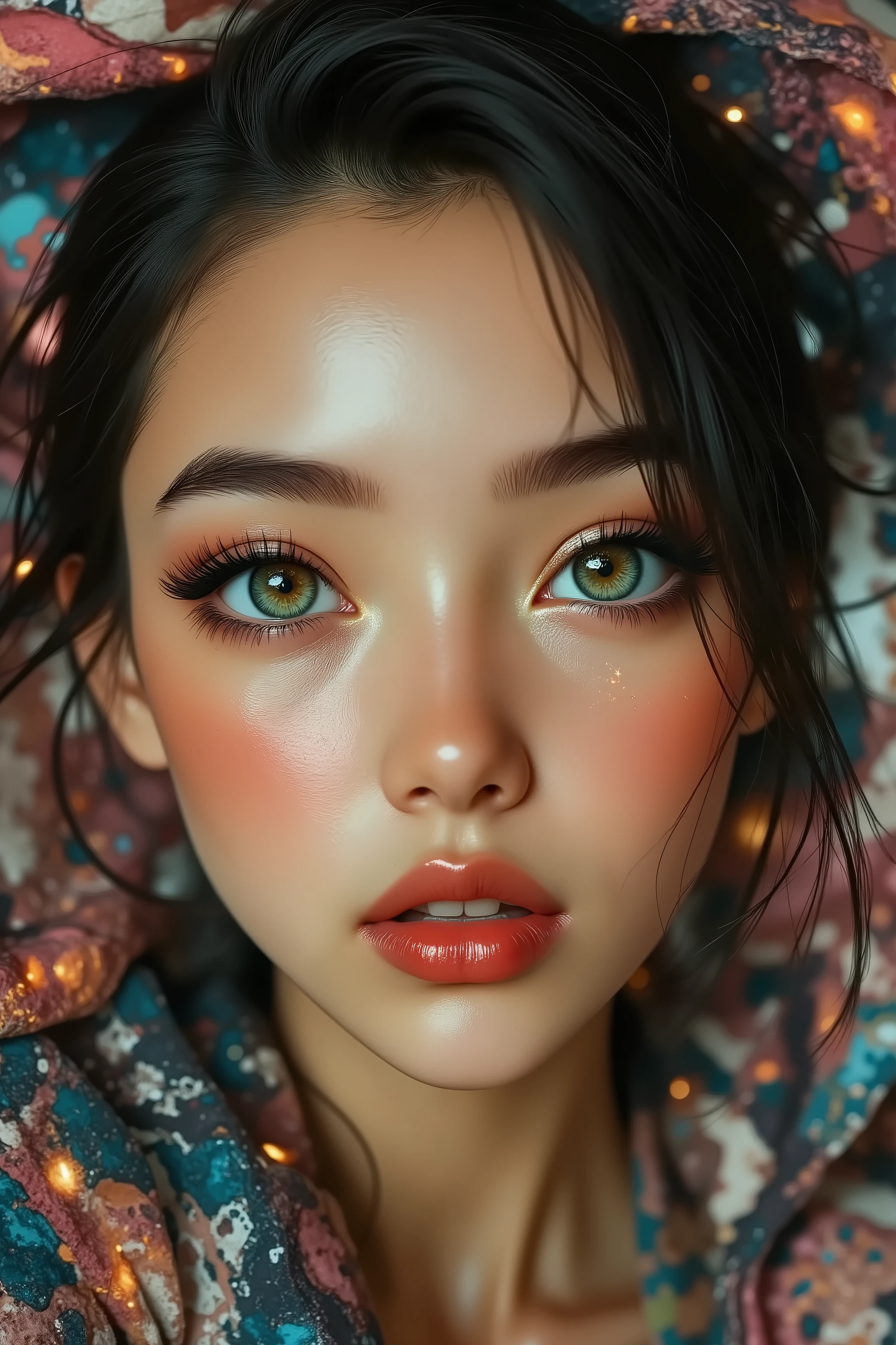 realistic (photorealistic Realism) , (Key Directive: - "The priority is the anatomical accuracy and texture of the materials" - "Ultra-sharp human eyes with biological accuracy") (ultra realistic texture details: velvety skin, hair), (dark hair (short hair:1.21)((slicked to one side)), intricately detailed:1.3),  long Lashes: individual synthetic fibers (crosshatched roots:1 . 2 , clump-free separation), (Carefully draw Long mascara:1.22) [perfect dark eyeshadow:1.2][glossy red lipstick:1.3], professional Magic Makeup on eyes:1.3, perfect composition. Eyes (acid-resistant terminology) (macro-details:1.5): * Moist corneal surface (visible aqueous layer:1.2) * Hyper-detailed iris eyes (green with orange sparkles) * Precise limbal ring (slightly darker pigmentation:1.3) * Pupil micro-texture (irregular edge authenticity:0.9) * Vasculature in sclera (subtle blue veins radiating from limbus) | Technical Specs: Optics: - Zeiss Otus85mm f/1 . 4 lens "(eye refraction calculations:1 . 22)" - Shutter Speed:1/500 "(freeze eye micro-movements)" - (Focus Stacking:"7-point coverage on iris plane") (Avoid: "pupil distortion , uncanny valley asymmetry , plastic-like wetness"). ((body shot to knees:1.4)), no blur sharp focus on all body, (flat chest, very small breasts), (skinny body build), (Sleeveless, beautiful ribbon PVC: 1.33), ((Slingshot swimsuit:1.3)), (wear Micro Sling made of (Sparkly neon), Tight PVC Ribbon: 1.25), {psychedelic background,voronoi backround}.