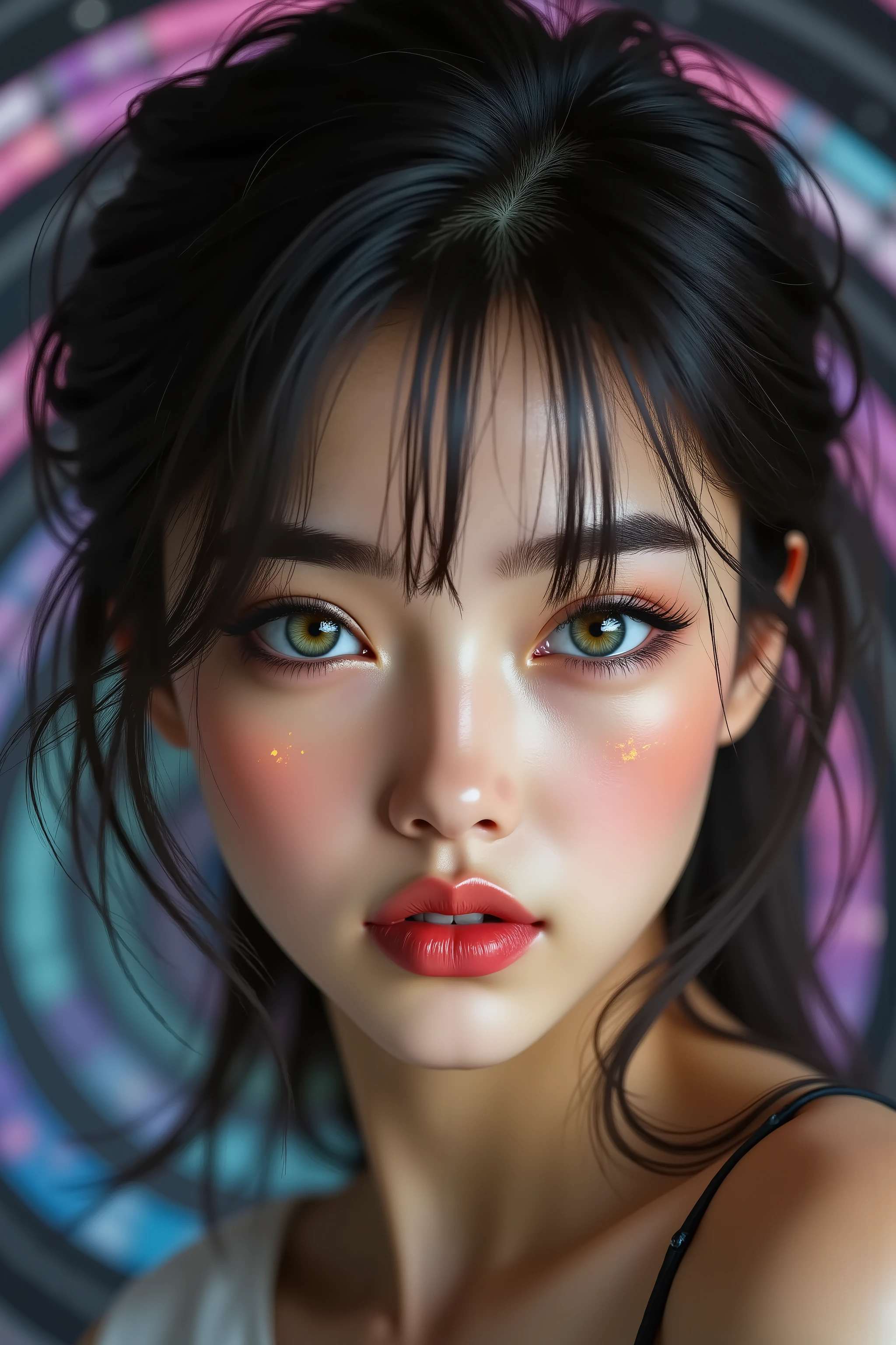 realistic (photorealistic Realism) , (Key Directive: - "The priority is the anatomical accuracy and texture of the materials" - "Ultra-sharp human eyes with biological accuracy") (ultra realistic texture details: velvety skin, hair), (dark hair (short hair:1.21)((slicked to one side)), intricately detailed:1.3),  long Lashes: individual synthetic fibers (crosshatched roots:1 . 2 , clump-free separation), (Carefully draw Long mascara:1.22) [perfect dark eyeshadow:1.2][glossy red lipstick:1.3], professional Magic Makeup on eyes:1.3, perfect composition. Eyes (acid-resistant terminology) (macro-details:1.5): * Moist corneal surface (visible aqueous layer:1.2) * Hyper-detailed iris eyes (green with orange sparkles) * Precise limbal ring (slightly darker pigmentation:1.3) * Pupil micro-texture (irregular edge authenticity:0.9) * Vasculature in sclera (subtle blue veins radiating from limbus) | Technical Specs: Optics: - Zeiss Otus85mm f/1 . 4 lens "(eye refraction calculations:1 . 22)" - Shutter Speed:1/500 "(freeze eye micro-movements)" - (Focus Stacking:"7-point coverage on iris plane") (Avoid: "pupil distortion , uncanny valley asymmetry , plastic-like wetness"). ((body shot to knees:1.4)), no blur sharp focus on all body, (flat chest, very small breasts), (skinny body build), (Sleeveless, beautiful ribbon PVC: 1.33), ((Slingshot swimsuit:1.3)), (wear Micro Sling made of (Sparkly neon), Tight PVC Ribbon: 1.25), {psychedelic background,voronoi backround}.