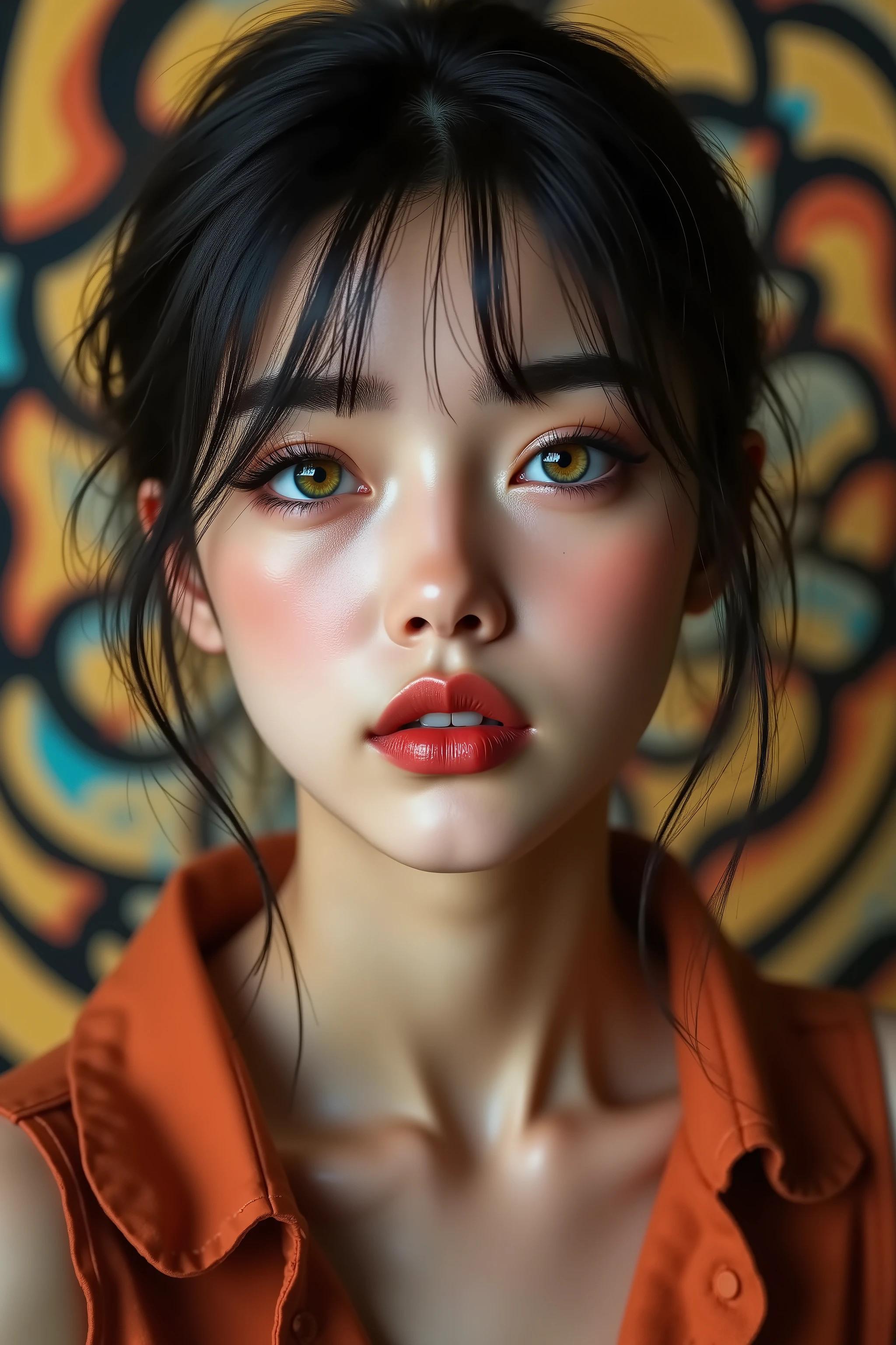 realistic (photorealistic Realism) , (Key Directive: - "The priority is the anatomical accuracy and texture of the materials" - "Ultra-sharp human eyes with biological accuracy") (ultra realistic texture details: velvety skin, hair), (dark hair (short hair:1.21)((slicked to one side)), intricately detailed:1.3),  long Lashes: individual synthetic fibers (crosshatched roots:1 . 2 , clump-free separation), (Carefully draw Long mascara:1.22) [perfect dark eyeshadow:1.2][glossy red lipstick:1.3], professional Magic Makeup on eyes:1.3, perfect composition. Eyes (acid-resistant terminology) (macro-details:1.5): * Moist corneal surface (visible aqueous layer:1.2) * Hyper-detailed iris eyes (green with orange sparkles) * Precise limbal ring (slightly darker pigmentation:1.3) * Pupil micro-texture (irregular edge authenticity:0.9) * Vasculature in sclera (subtle blue veins radiating from limbus) | Technical Specs: Optics: - Zeiss Otus85mm f/1 . 4 lens "(eye refraction calculations:1 . 22)" - Shutter Speed:1/500 "(freeze eye micro-movements)" - (Focus Stacking:"7-point coverage on iris plane") (Avoid: "pupil distortion , uncanny valley asymmetry , plastic-like wetness"). ((body shot to knees:1.4)), no blur sharp focus on all body, (flat chest, very small breasts), (skinny body build), (Sleeveless, beautiful ribbon PVC: 1.33), ((Slingshot swimsuit:1.3)), (wear Micro Sling made of (Sparkly neon), Tight PVC Ribbon: 1.25), {psychedelic background,voronoi backround}.