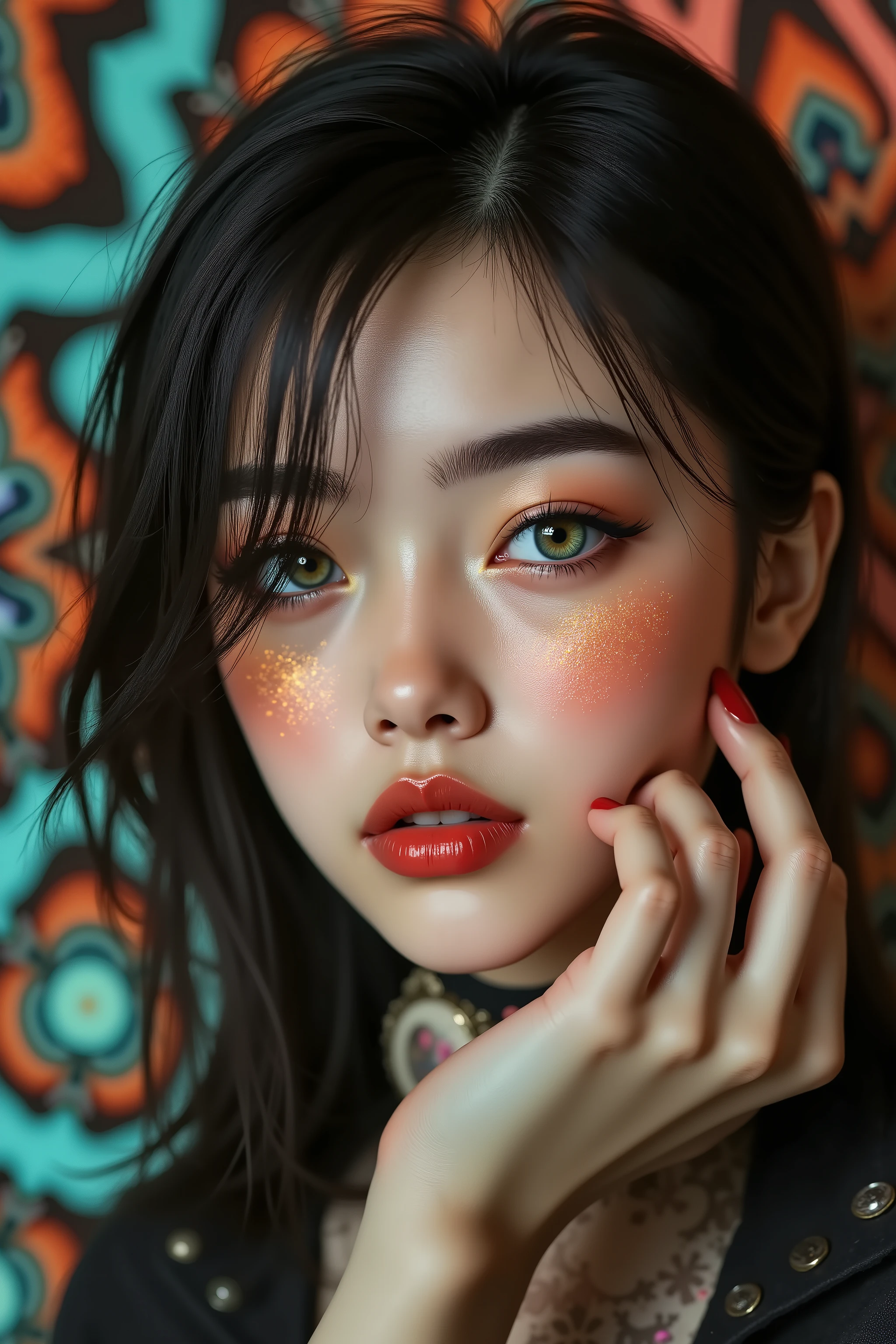 realistic (photorealistic Realism) , (Key Directive: - "The priority is the anatomical accuracy and texture of the materials" - "Ultra-sharp human eyes with biological accuracy") (ultra realistic texture details: velvety skin, hair), (dark hair (short hair:1.21)((slicked to one side)), intricately detailed:1.3),  long Lashes: individual synthetic fibers (crosshatched roots:1 . 2 , clump-free separation), (Carefully draw Long mascara:1.22) [perfect dark eyeshadow:1.2][glossy red lipstick:1.3], professional Magic Makeup on eyes:1.3, perfect composition. Eyes (acid-resistant terminology) (macro-details:1.5): * Moist corneal surface (visible aqueous layer:1.2) * Hyper-detailed iris eyes (green with orange sparkles) * Precise limbal ring (slightly darker pigmentation:1.3) * Pupil micro-texture (irregular edge authenticity:0.9) * Vasculature in sclera (subtle blue veins radiating from limbus) | Technical Specs: Optics: - Zeiss Otus85mm f/1 . 4 lens "(eye refraction calculations:1 . 22)" - Shutter Speed:1/500 "(freeze eye micro-movements)" - (Focus Stacking:"7-point coverage on iris plane") (Avoid: "pupil distortion , uncanny valley asymmetry , plastic-like wetness"). ((body shot to knees:1.4)), no blur sharp focus on all body, (flat chest, very small breasts), (skinny body build), (Sleeveless, beautiful ribbon PVC: 1.33), ((Slingshot swimsuit:1.3)), (wear Micro Sling made of (Sparkly neon), Tight PVC Ribbon: 1.25), {psychedelic background,voronoi backround}.