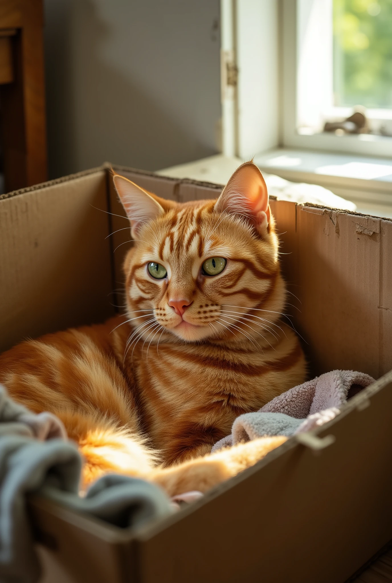 The Highest Quality, Greatest masterpiece, highly detailed, photorealistic, Alert red tabby cat rests in an old cardboard box. Tattered, You can see a torn blanket in the corner of the box. Warm daytime sunlight penetrates through the window and hits the soft fur of the cat through the opening of the box. The small depth of field blurs the background and focuses on the cat's bright green eyes. high resolution, Exceptional detail, Shot on Canon EOS R5