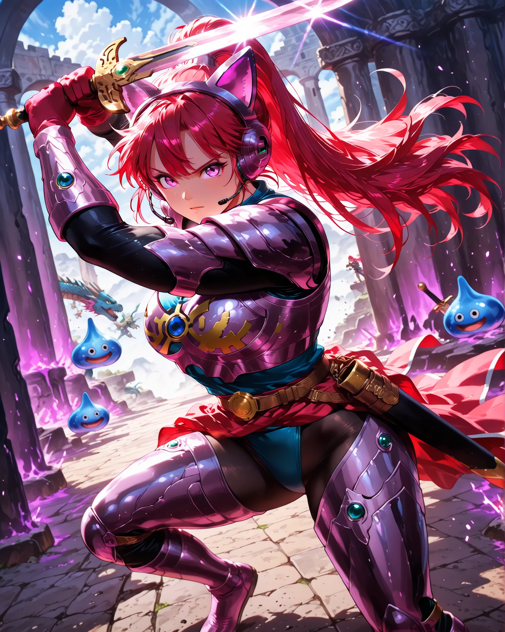 Frontal angle, (masterpiece, 4K, ultra-detailed, vivid and vibrant colors), {Jessy}: (a beautiful and attractive woman with long red hair and purple eyes, wearing a headset with cat ears, wearing beautiful armor inspired by the Dragon Quest game, standing in a dynamic pose, facing several blue slimes with her sword, Jessy's gaze is determined), a magical background, like a well-lit retro video game with shadows.