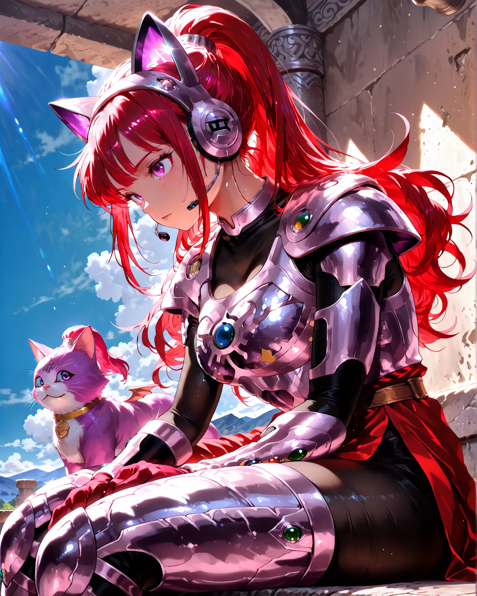 Side angle, (masterpiece, 4K, ultra-detailed, vivid and vibrant colors), {Jessy}: (a beautiful and attractive woman with long red hair and purple eyes, wearing a headset with cat ears, wearing beautiful armor inspired by the Dragon Quest game, sitting resting after a long battle), a magical background, like a well-lit retro video game with shadows.