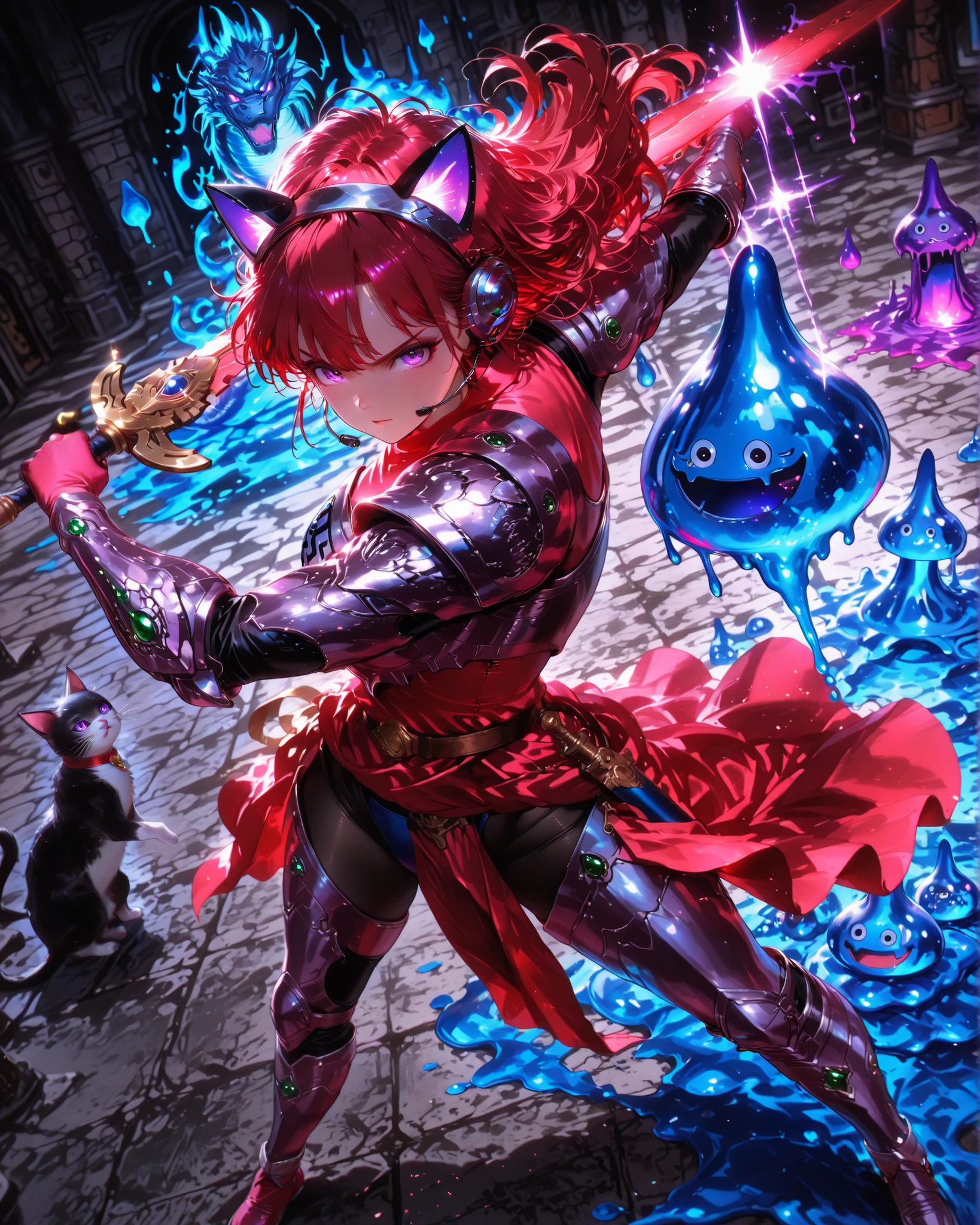 Frontal angle, (masterpiece, 4K, ultra-detailed, vivid and vibrant colors), {Jessy}: (a beautiful and attractive woman with long red hair and purple eyes, wearing a headset with cat ears, wearing beautiful armor inspired by the Dragon Quest game, standing in a dynamic pose, facing several blue slimes with her sword, Jessy's gaze is determined), a magical background, like a well-lit retro video game with shadows.