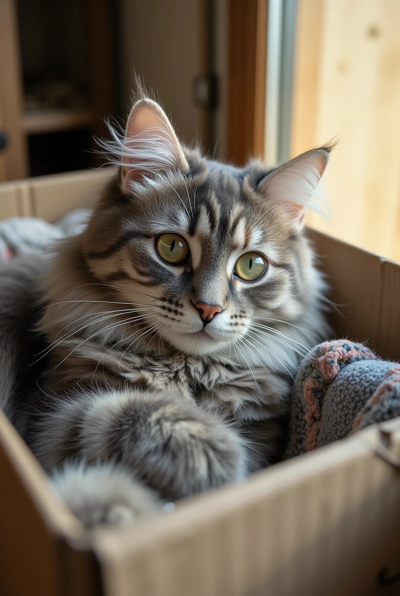 The highest Quality, Greatest masterpiece, highly detailed, photorealistic, Gray fluffy tabby cat rests in an old cardboard box. Tattered, You can see a torn blanket in the corner of the box. Warm daytime sunlight penetrates through the window and hits the soft fur of the cat through the opening of the box. The small depth of field blurs the background and focuses on the cat's bright green eyes. high resolution, Exceptional detail, Shot on Canon EOS R5