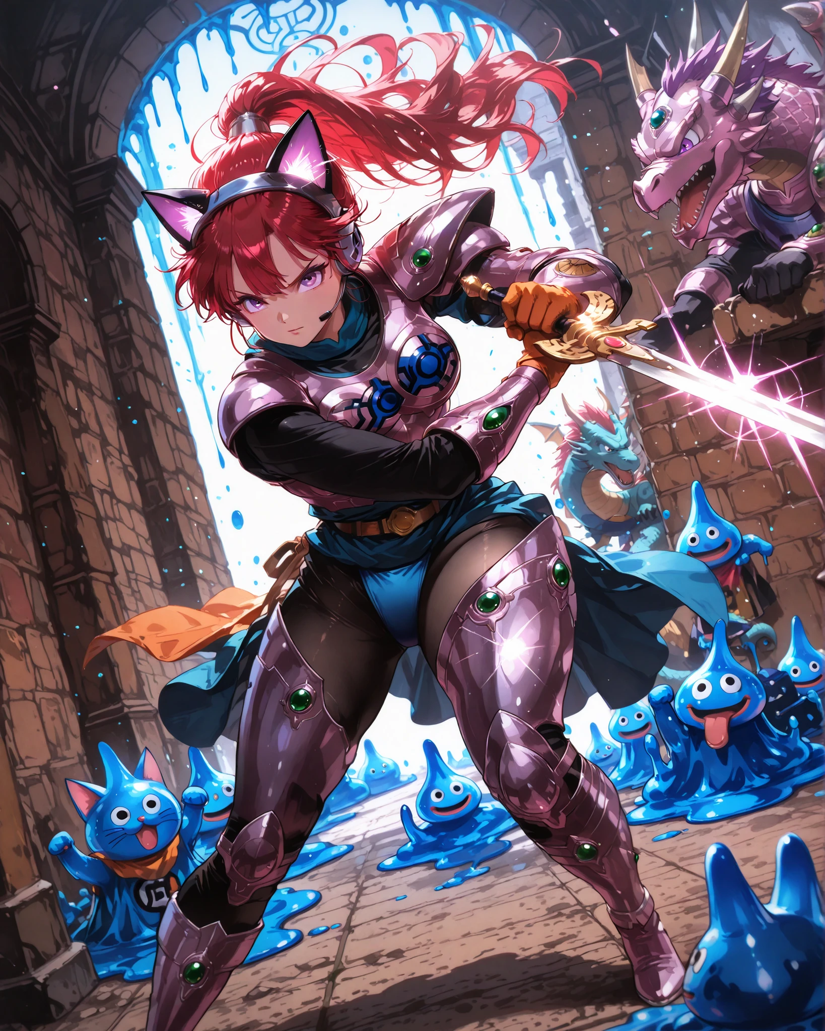 Frontal angle, (masterpiece, 4K, ultra-detailed, vivid and vibrant colors), {Jessy}: (a beautiful and attractive woman with long red hair and purple eyes, wearing a headset with cat ears, wearing beautiful armor inspired by the Dragon Quest game, standing in a dynamic pose, facing several blue slimes with her sword, Jessy's gaze is determined), a magical background, like a well-lit retro video game with shadows.