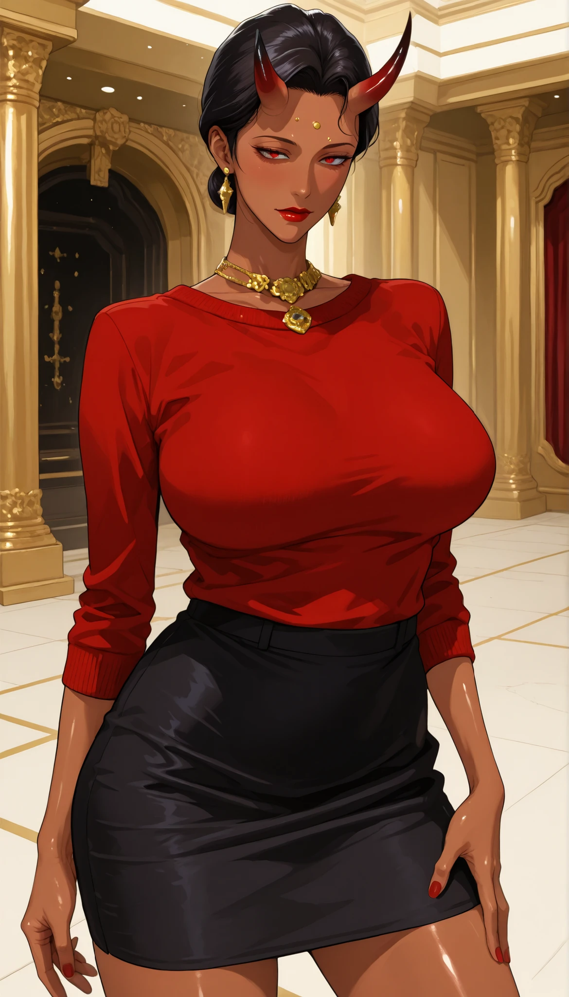 Mature woman, six red gradient horns, glossy skin, wavy black hair, short hair, swept back hair, slicked back hair, red eyes, red bindi on forehead, big breasts, soft breasts, red lips, red blush, posing, slim body, (brown skin), wearing red sweater, black pencil skirt, red nails, standing, posing, legs apart, seductive expression, gold earrings, gold necklace, gold nose piercing, gold bangles, official hall background.