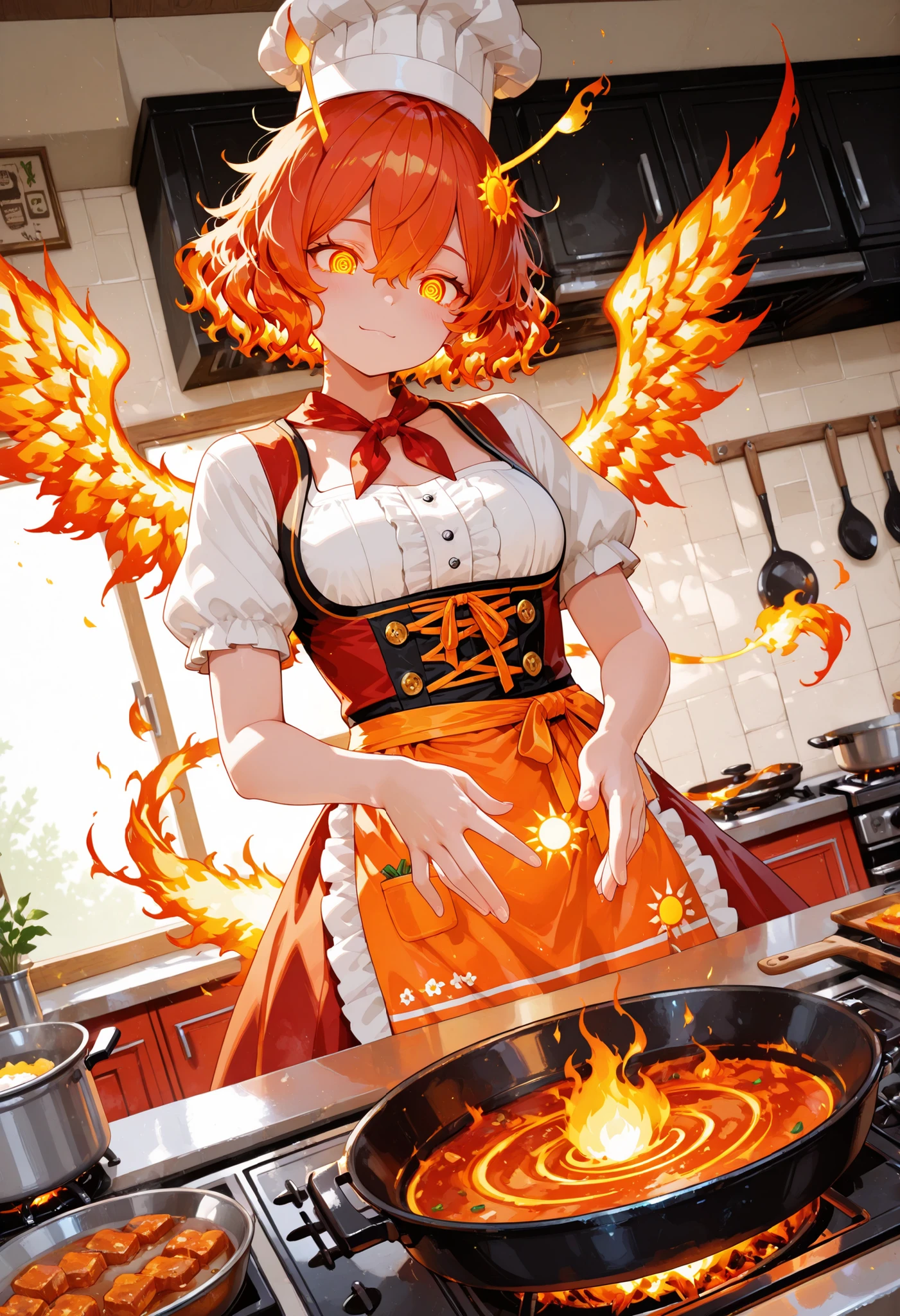 sandori, sun girl, burning hair, red and orange hair, messy hair, short hair, fluffy wavy hair, sun hair accessory, hair ribbon, flaming tail, flaming wings, sun antennae, burning eyes, sun-themed clothing, dirndl, sun clothes,,dutch angle, spiral, spiral streak, spiral energie, spiral magic, spiral around body,((perfect hands with five fingers for hand)),,Kitchen God of cooking, 748cmstyle,perfect anatomy, masterpiece, Illustration, ultra details, fine trait, best quality, ultra detailed, 1girl (chef-girl), chef-clothes, cooking-hat, dynamic cooking delicious food, in the kitchen, dynamic pose, indoor delailed kitchen with pans and pots and various food.