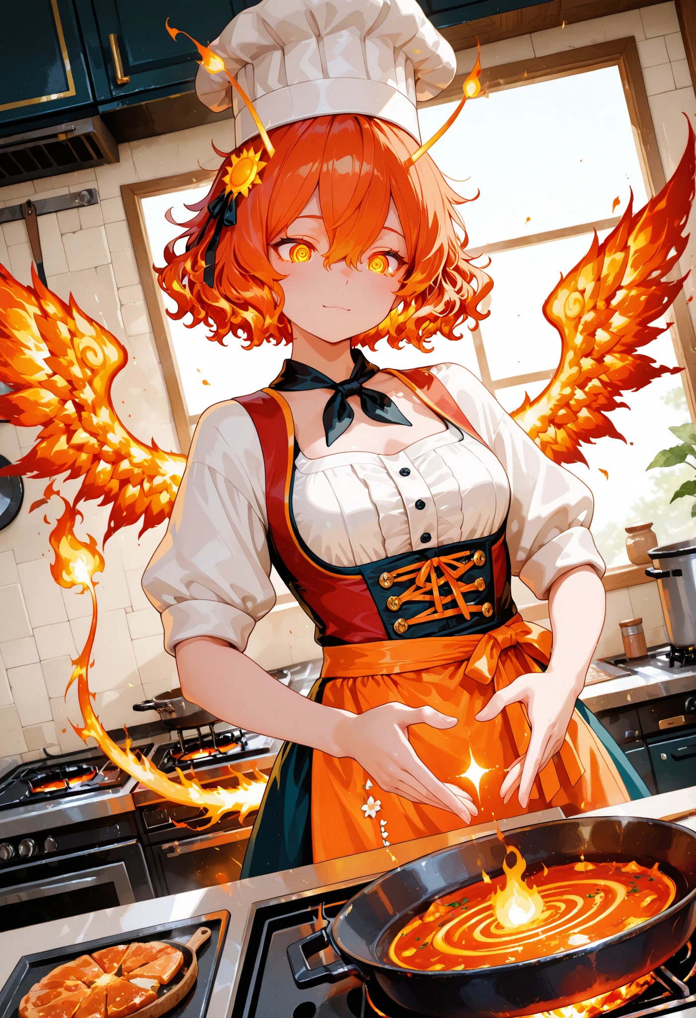 sandori, sun girl, burning hair, red and orange hair, messy hair, short hair, fluffy wavy hair, sun hair accessory, hair ribbon, flaming tail, flaming wings, sun antennae, burning eyes, sun-themed clothing, dirndl, sun clothes,,dutch angle, spiral, spiral streak, spiral energie, spiral magic, spiral around body,((perfect hands with five fingers for hand)),,Kitchen God of cooking, 748cmstyle,perfect anatomy, masterpiece, Illustration, ultra details, fine trait, best quality, ultra detailed, 1girl (chef-girl), chef-clothes, cooking-hat, dynamic cooking delicious food, in the kitchen, dynamic pose, indoor delailed kitchen with pans and pots and various food.
