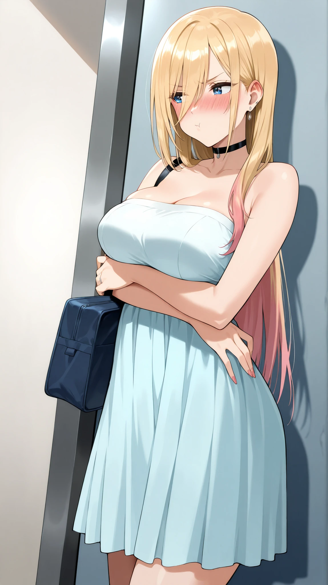 ((Studio: CloverWorks)) masterpiece , best quality , highly detailed , ultra high res , Score_9, Score_8_up, Score_7_up, perfect anatomy, detailed fingers, detailed big blue eyes, cowboy shot, dutch angle, focus on face, masterpiece, detailed anime, Sharp Focus, lady, JK, detailed face, detailed blue eyes, long straight hair, blonde hair, mature woman, pink highlights, long bangs, joy in your eyes, knee, big breasts, solo (Red strapless dress, neck access strap, shoulder bag, pouting, embarrassed, In the behind the school, wall)