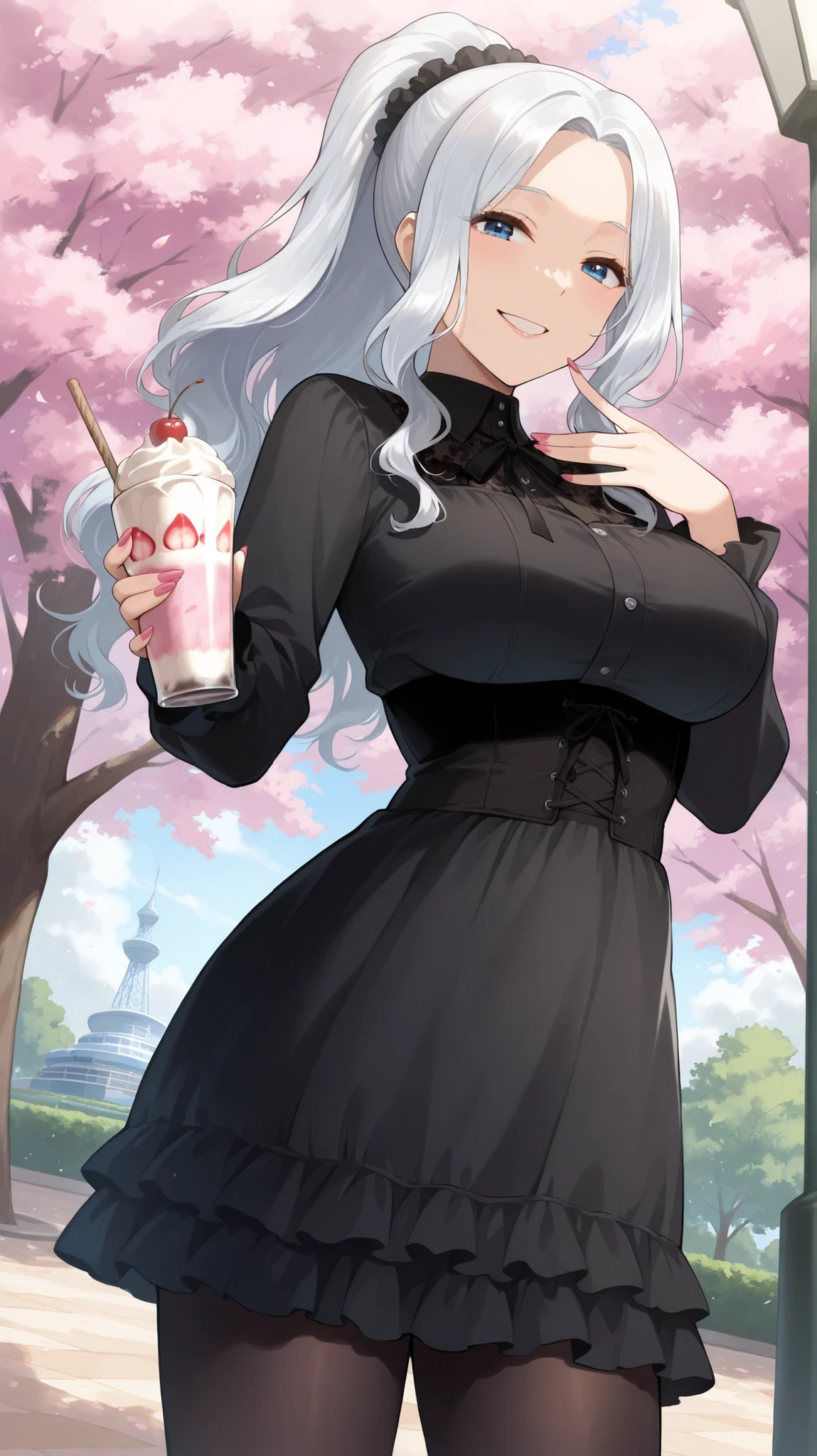 ((Studio: CloverWorks)) masterpiece , best quality , highly detailed , ultra high res , Score_9, Score_8_up, Score_7_up, perfect anatomy, detailed fingers, detailed big blue eyes, cowboy shot, dutch angle, focus on face, masterpiece, detailed anime, Sharp Focus, lady, JK, detailed face, detailed blue eyes, long hair, white hair, mature woman, high ponytail: 1.3, black highlights, wavy hair, cheerful, smiling, very happy, joy in your eyes, knee, big breasts, solo (Short black dress, ruffles and gothic accessories, black tights, cherry blossom park, milkshake)