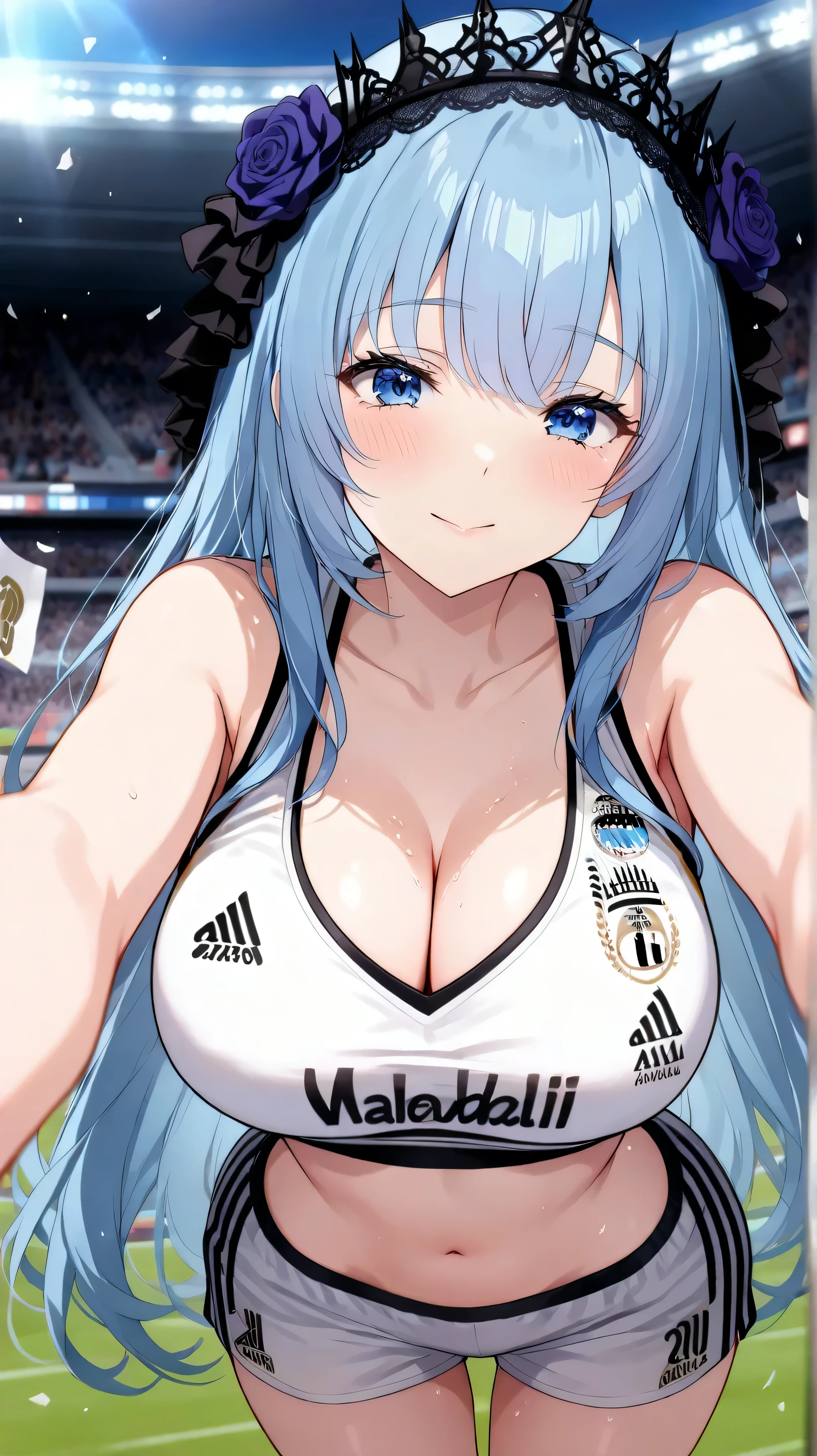 one girl has a very sexy body and very sexy breasts. She has beautiful hair , Beautiful Eyes,,  Black Crown  , sexy sportswear, ملابس رياضية وجوارب فريق Real Madrid, The football team is (Real Madrid) فريق Real Madrid لكرة القدم, bare breasts, short clothes, big breasts, sports bra,A girl is more beautiful than any girl, the eyes of the heart, the heart of the eyes,,pov female, pov female ، ,frya ,long blue hair, high quality, 8k,A very beautiful girl, Black Crown  مزين 