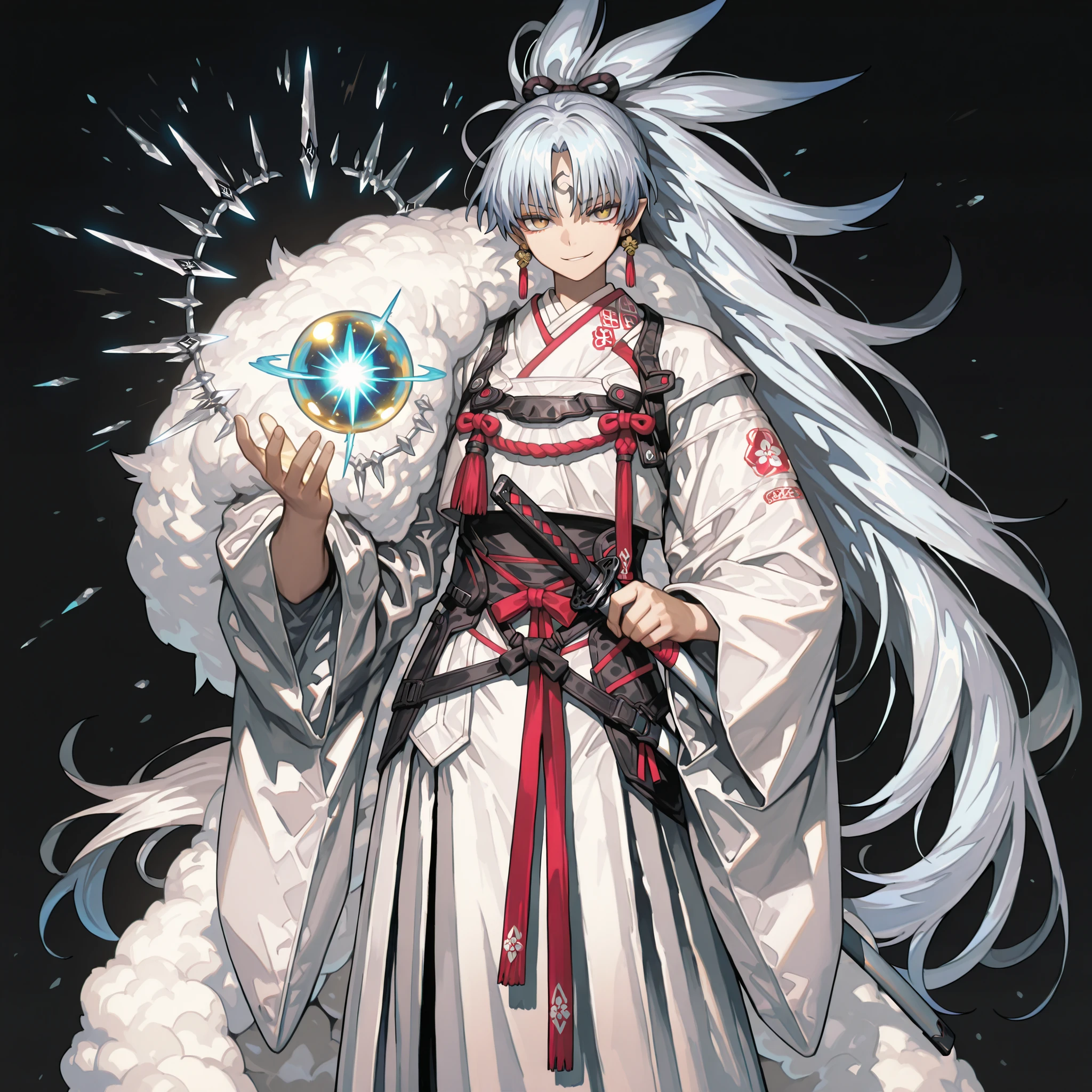A short, solitary male character — a young teenage boy, about 1.5 meters tall. He stands alone against a deep black background, making him vividly stand out. His physique and height are exactly like Kawakami Gensai from Fate/Grand Order.

He has long ice-blue hair with red strands, styled exactly like Kawakami Gensai’s, tied into a long ponytail. His eyes are silver. His expression is provocative and confident, marked by a bold, ironic smirk. He has slightly pointed ears. Face like Amiya from Arknights. Face like Amiya from Arknights.

Clothing:
He wears a white Chinese-style robe decorated with ice-blue and gold accents, with no red details. Draped over his right shoulder is a flowing white fur cloak (similar to Sesshoumaru’s), soft and radiant like a divine cloud, falling almost to the ground along his back. The cloak is fastened by gold medallions and chains crossing over his left shoulder. On his left shoulder, he carries a golden cauldron with an oni face.

Weapon:
In his right hand, he firmly holds a Chinese-style sword with a silver blade that shines with an ice-blue glow and black details, along with three black rings attached to the blade. The guard and handle are black, and dark energy emanates from the blade.

In his left hand, he holds an ice-blue energy sphere emitting a frigid aura.

Pose and Atmosphere:
He stands in a dynamic battle stance, facing directly toward the viewer with a playful, arrogant gaze. His left hand raises the ice-blue energy sphere, radiating cold.

Atmosphere and Style:
Male character, youthful energy.
Ultra-detailed, sharp, clean anime style. Deep black background with cinematic lighting emphasizing his short height and powerful aura. Gold jewelry earrings gleam in the light.

The character is a boy. The character is a boy. Male chest, male chest, male chest. The image focuses more on the character's face and doesn't show as much of their body. The character is a boy. Male chest, male chest, male chest.