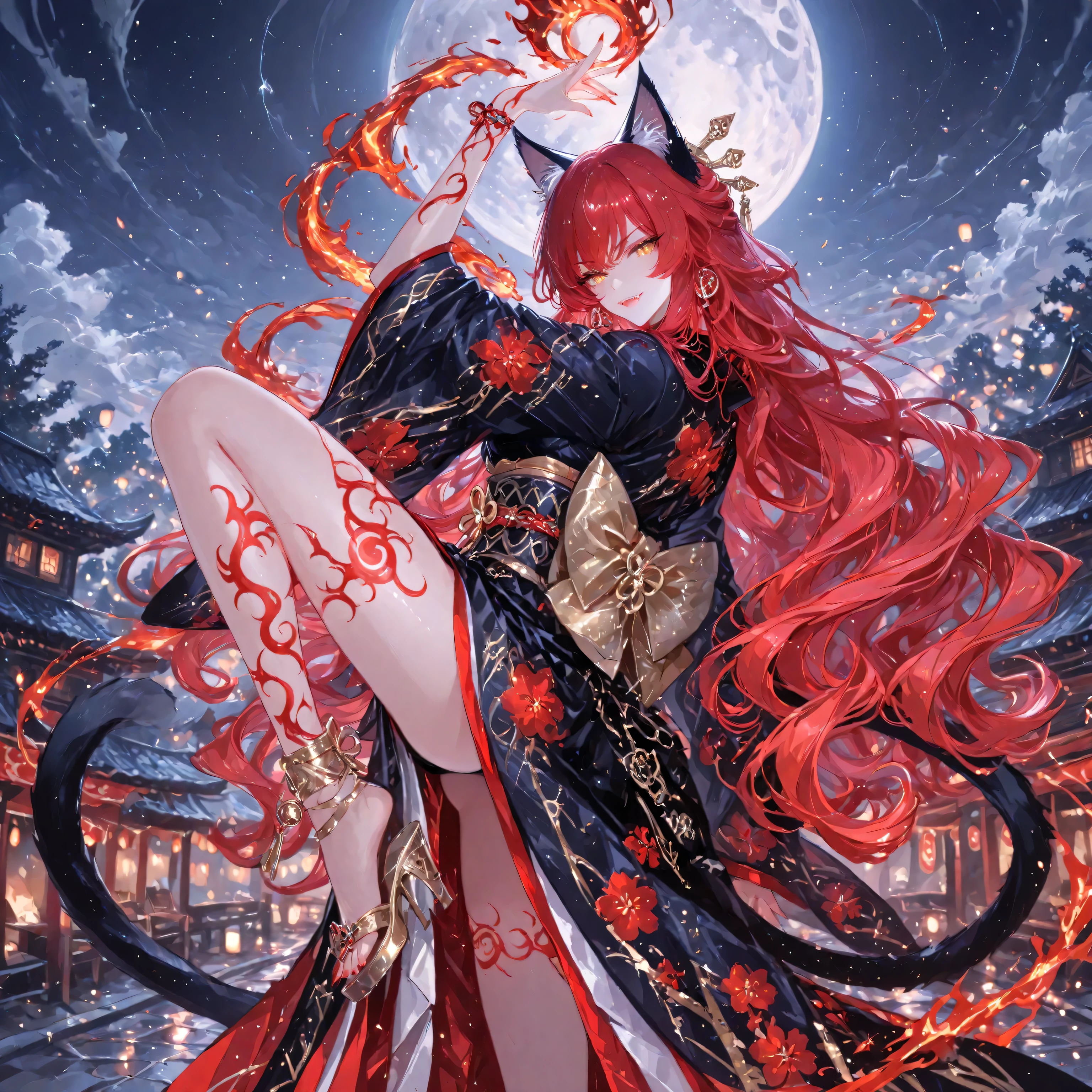 festival of fire, 748cmstyle,perfect anatomy, masterpiece,  Illustration, ultra details, fine trait, best quality, ultra detailed, 1girl (kimono neko girl), dancing with the flames,  cat tail, smile with fangs, claws, very long wavy red hair, , , nice anime golden eyes, dynamic pose, in night japan village in background, japan village, moon and clouds, very detailed, more peoples around, looking her dance, 