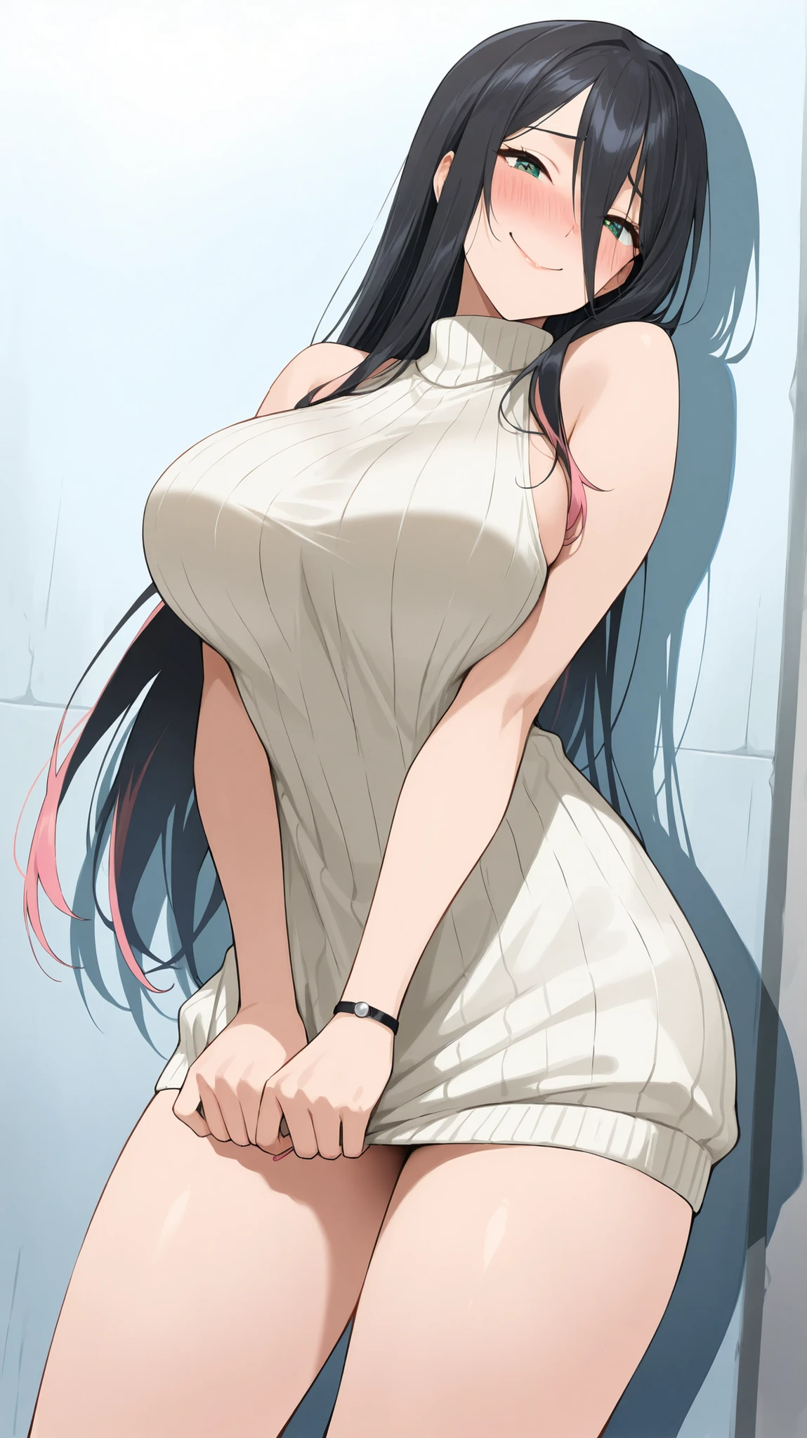 ((Studio: CloverWorks)) masterpiece , best quality , highly detailed , ultra high res , Score_9, Score_8_up, Score_7_up, perfect anatomy, detailed fingers, detailed big blue eyes, cowboy shot, dutch angle, focus on face, masterpiece, detailed anime, Sharp Focus, lady, JK, detailed face, detailed green eyes, long straight hair, black hair, mature woman, pink highlights, long bangs, joy in your eyes, knee, big breasts, solo (blue short sleeveless sweater dress, cheerful, smiling, very happy, embarrassed, In the behind the school, wall)